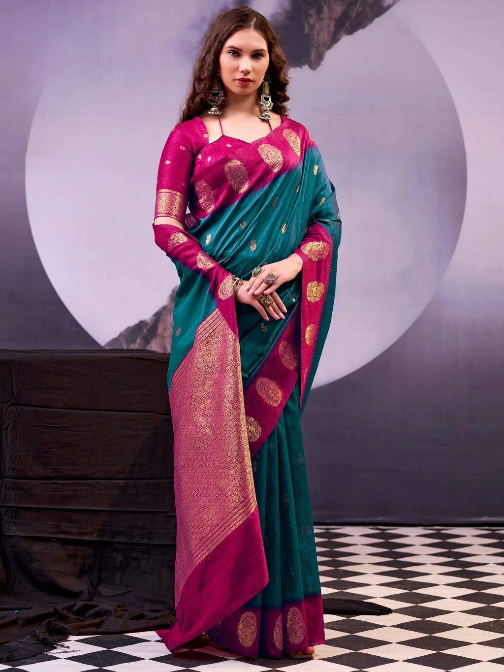 Teal Awesome Zari Weaving Cotton Marriage Wear Saree With Blouse