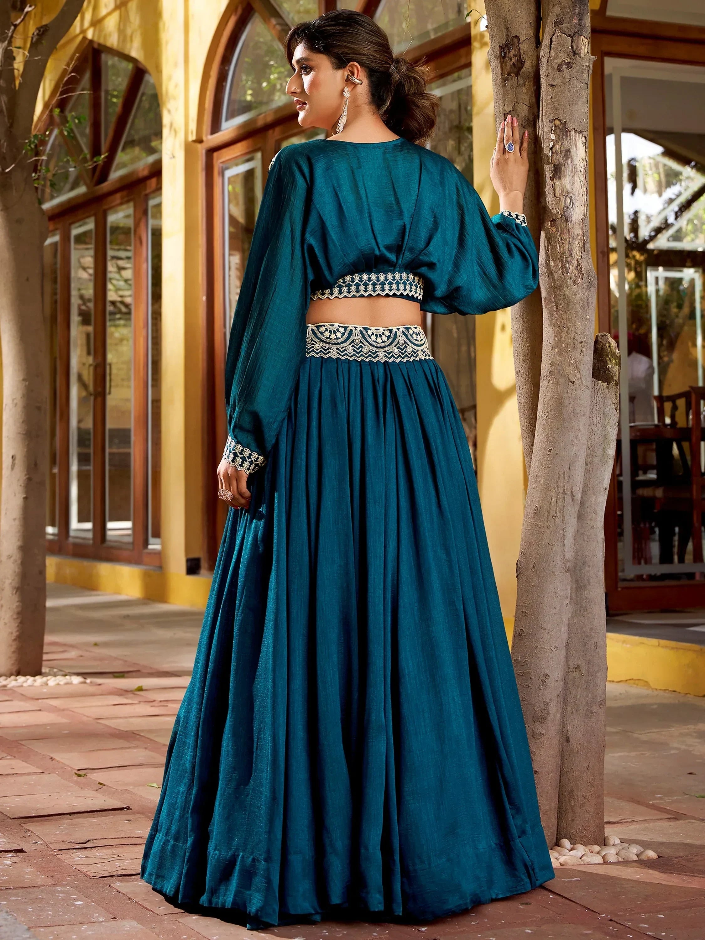Teal Precious Embroidered Silk Party Wear Crop Top Lehenga
