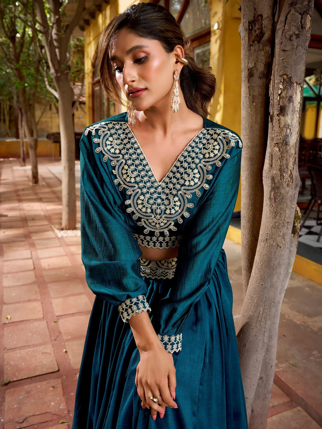 Teal Precious Embroidered Silk Party Wear Crop Top Lehenga