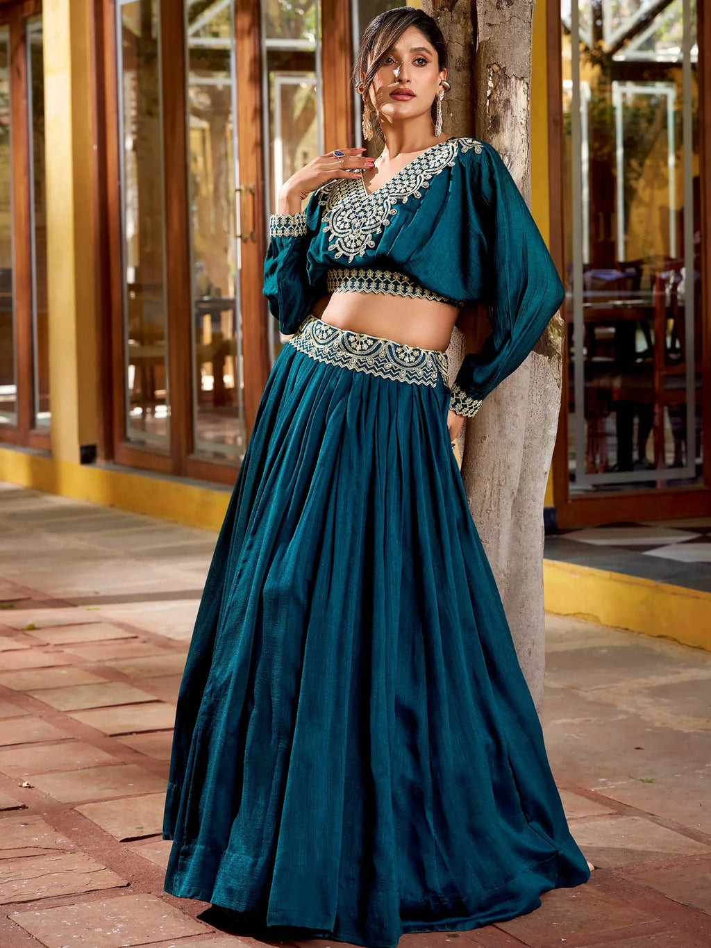 Teal Precious Embroidered Silk Party Wear Crop Top Lehenga
