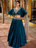 Teal Precious Embroidered Silk Party Wear Crop Top Lehenga