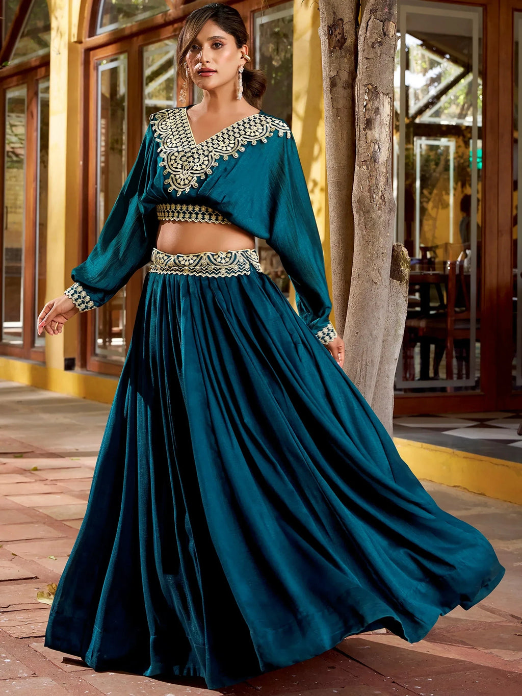 Teal Precious Embroidered Silk Party Wear Crop Top Lehenga