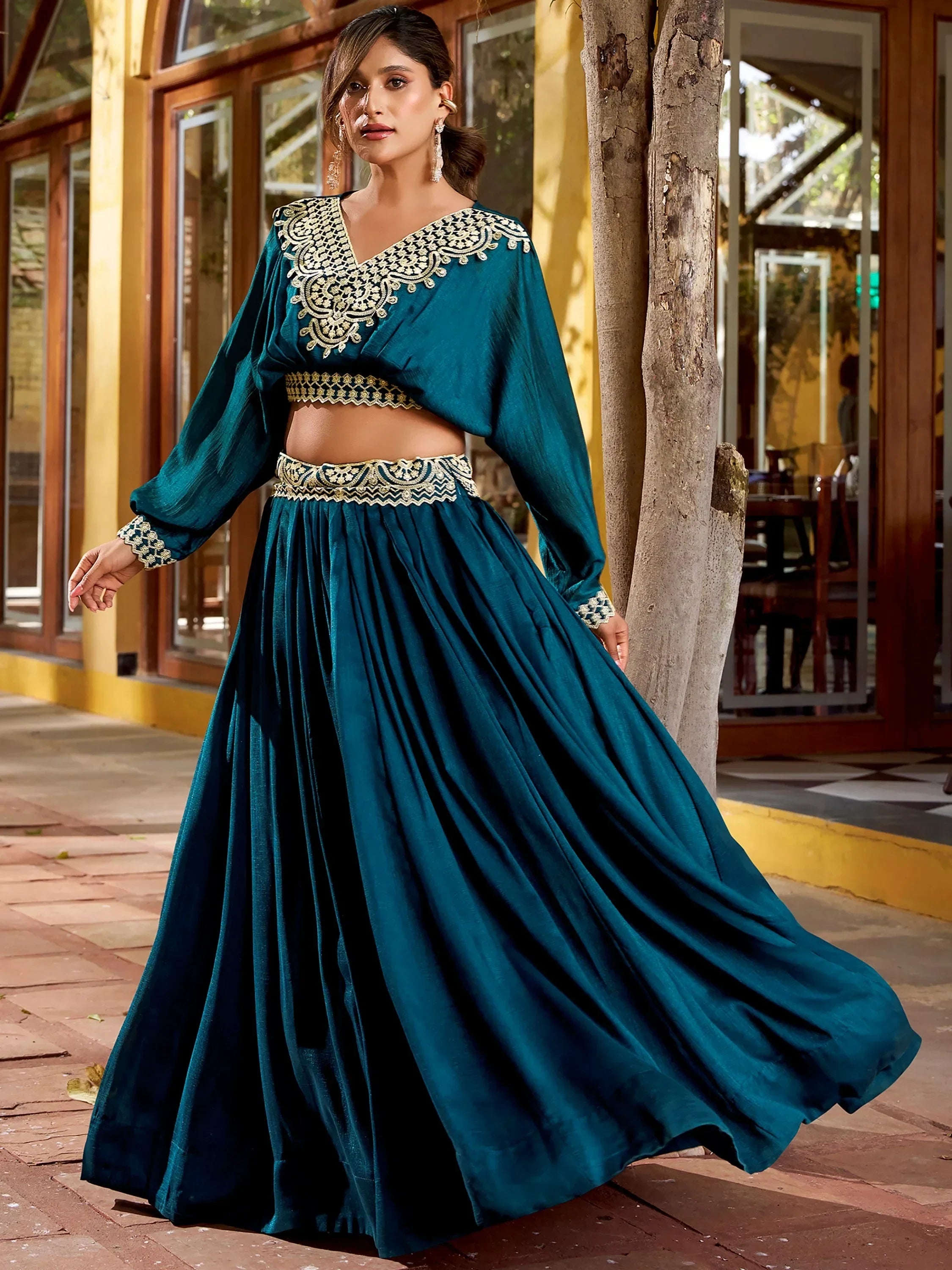 Teal Precious Embroidered Silk Party Wear Crop Top Lehenga