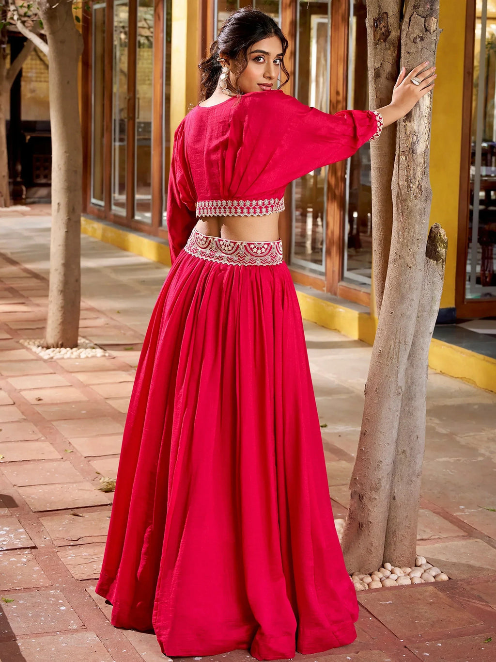Pink Precious Embroidered Silk Party Wear Crop Top Lehenga