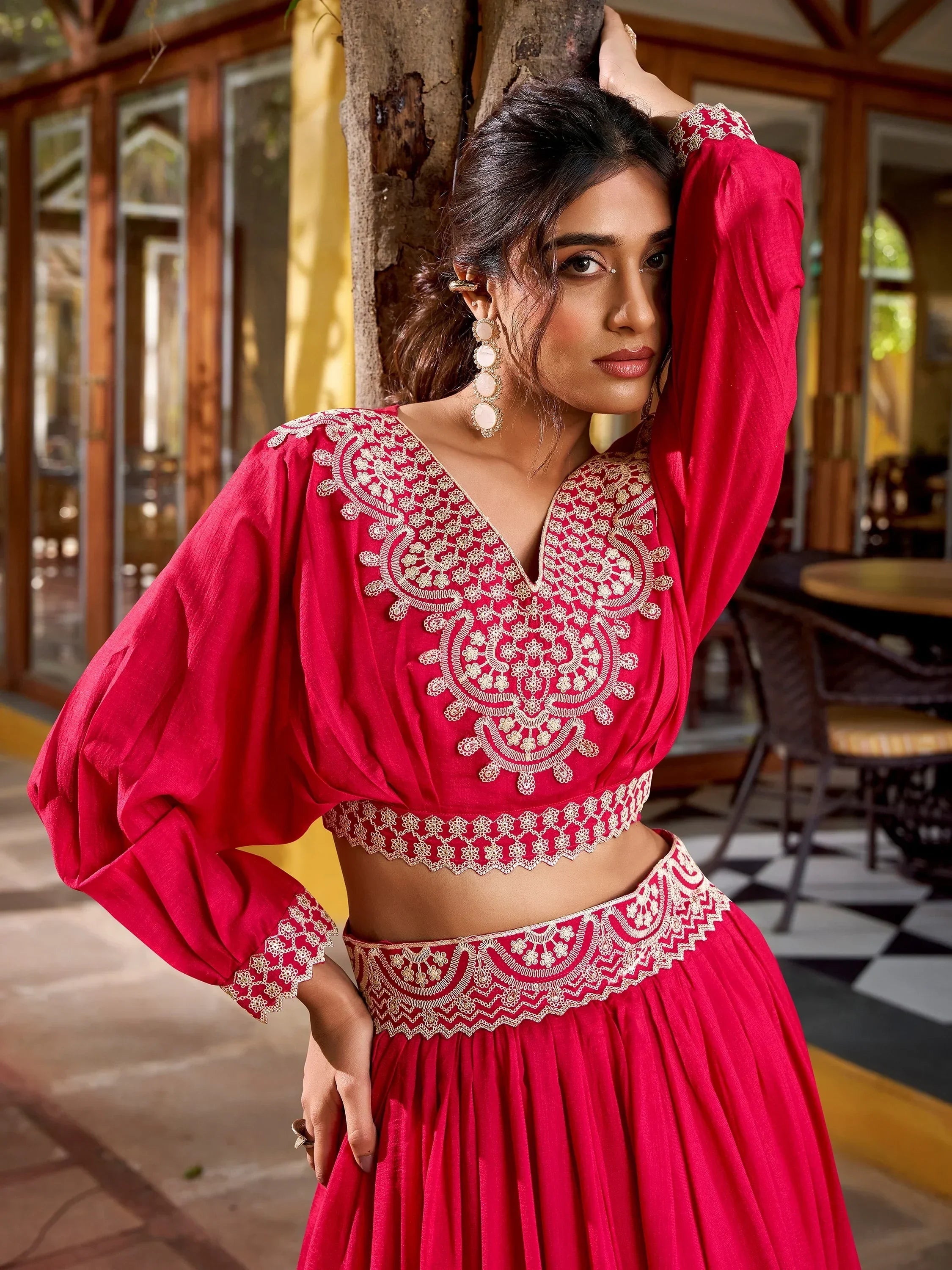 Pink Precious Embroidered Silk Party Wear Crop Top Lehenga