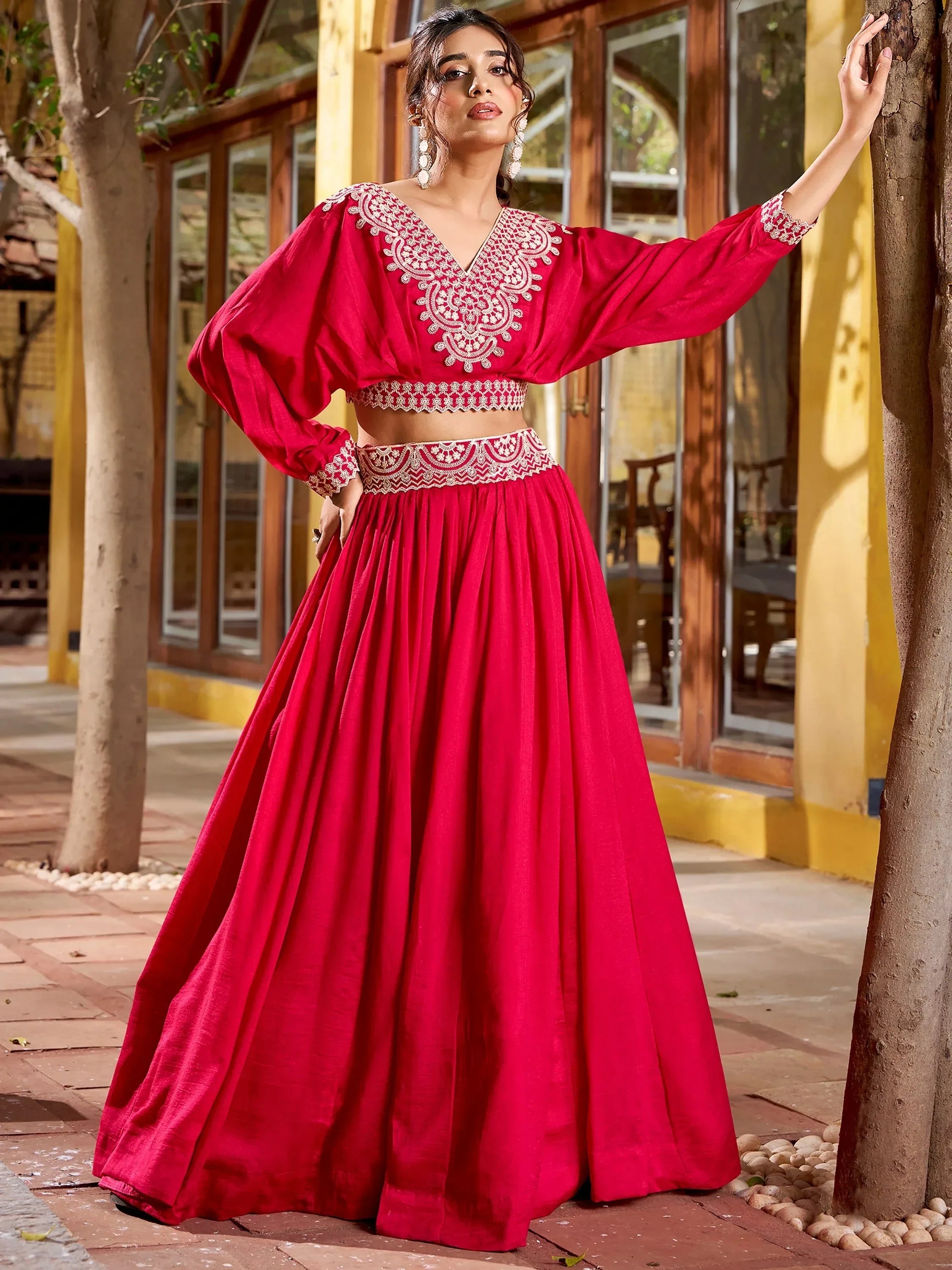 Pink Precious Embroidered Silk Party Wear Crop Top Lehenga