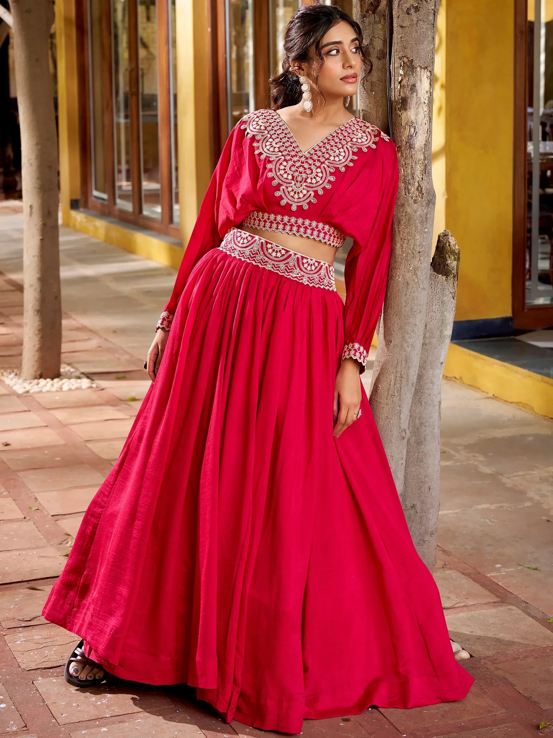 Pink Precious Embroidered Silk Party Wear Crop Top Lehenga