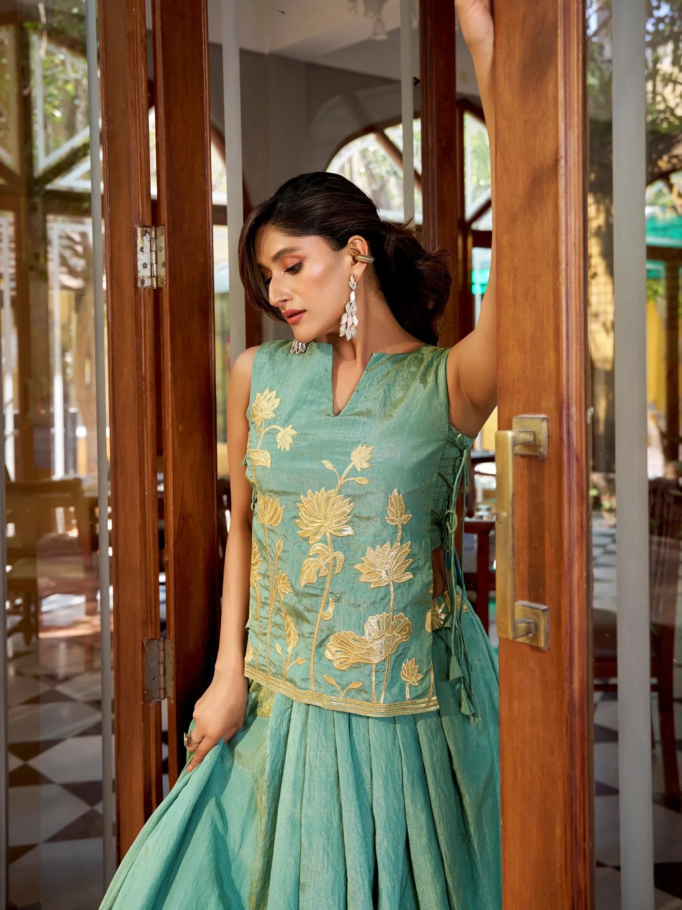 Green Great Thread Embroidered Shimmer Festival Wear Crop-Top Lehenga