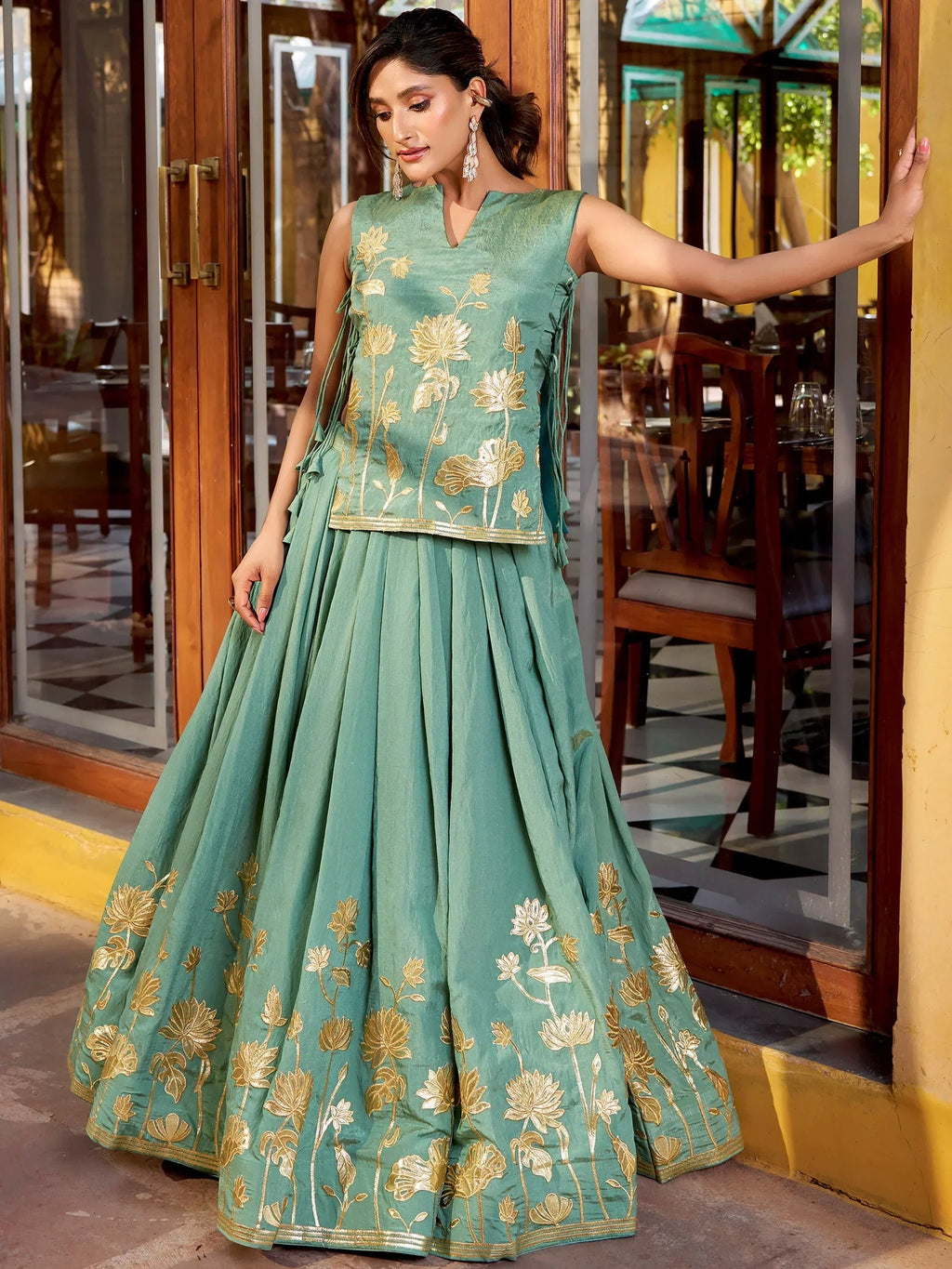 Green Great Thread Embroidered Shimmer Festival Wear Crop-Top Lehenga