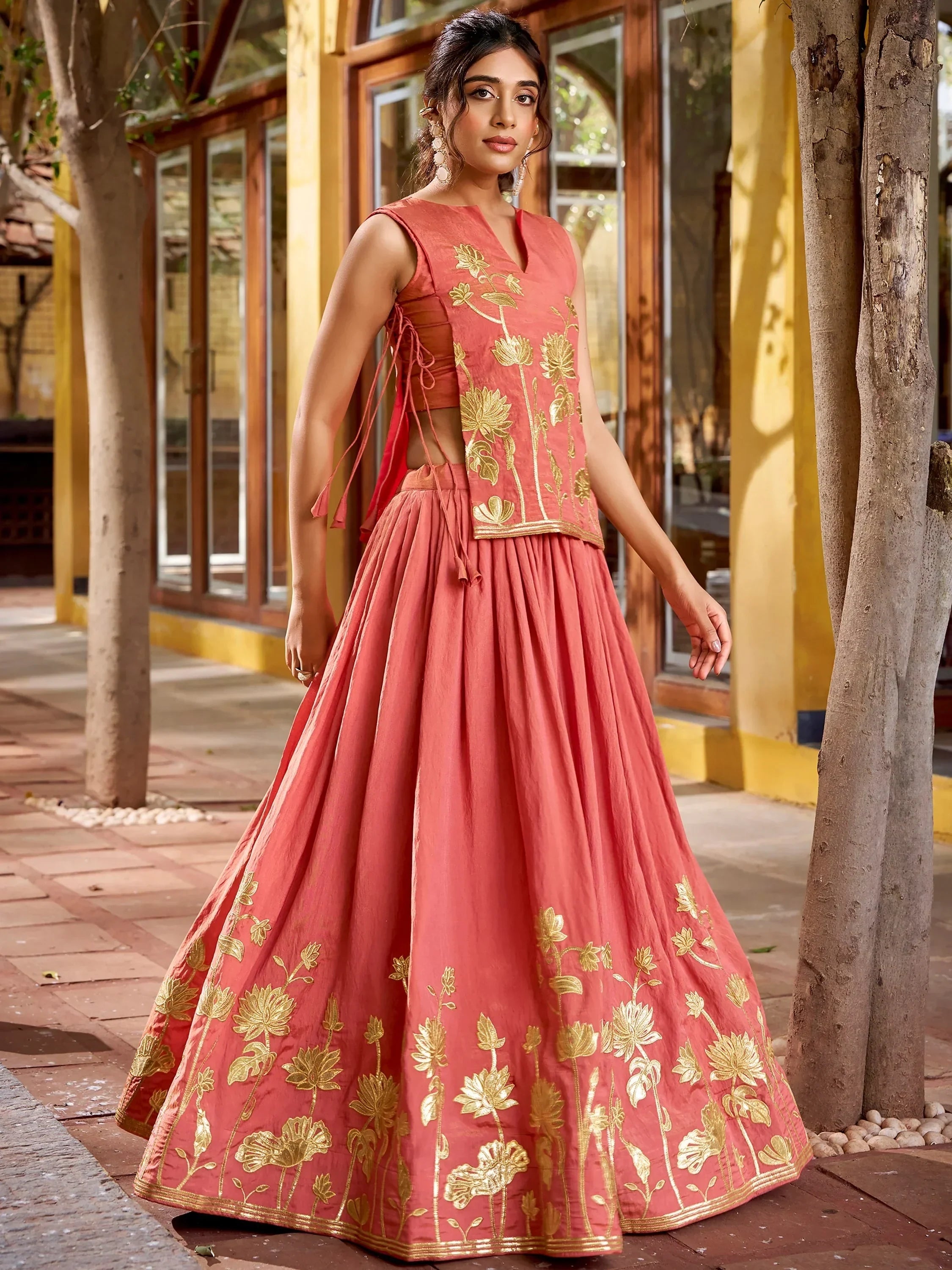 Peach Great Thread Embroidered Shimmer Festival Wear Crop-Top Lehenga