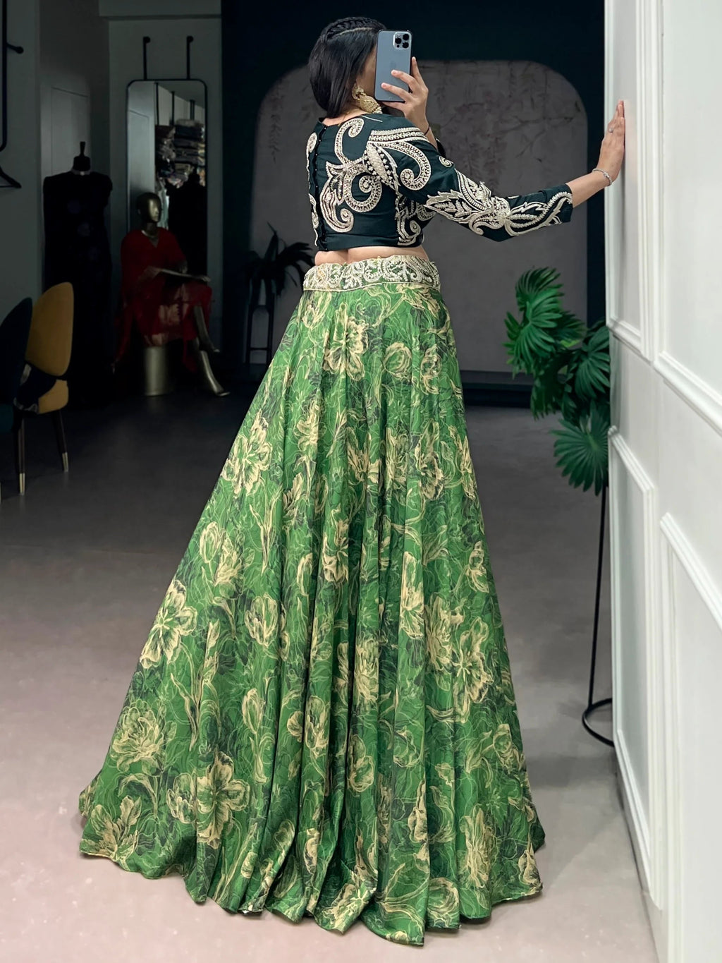 Green Stunning Digital Printed Silk Wedding Wear Crop Top Lehenga