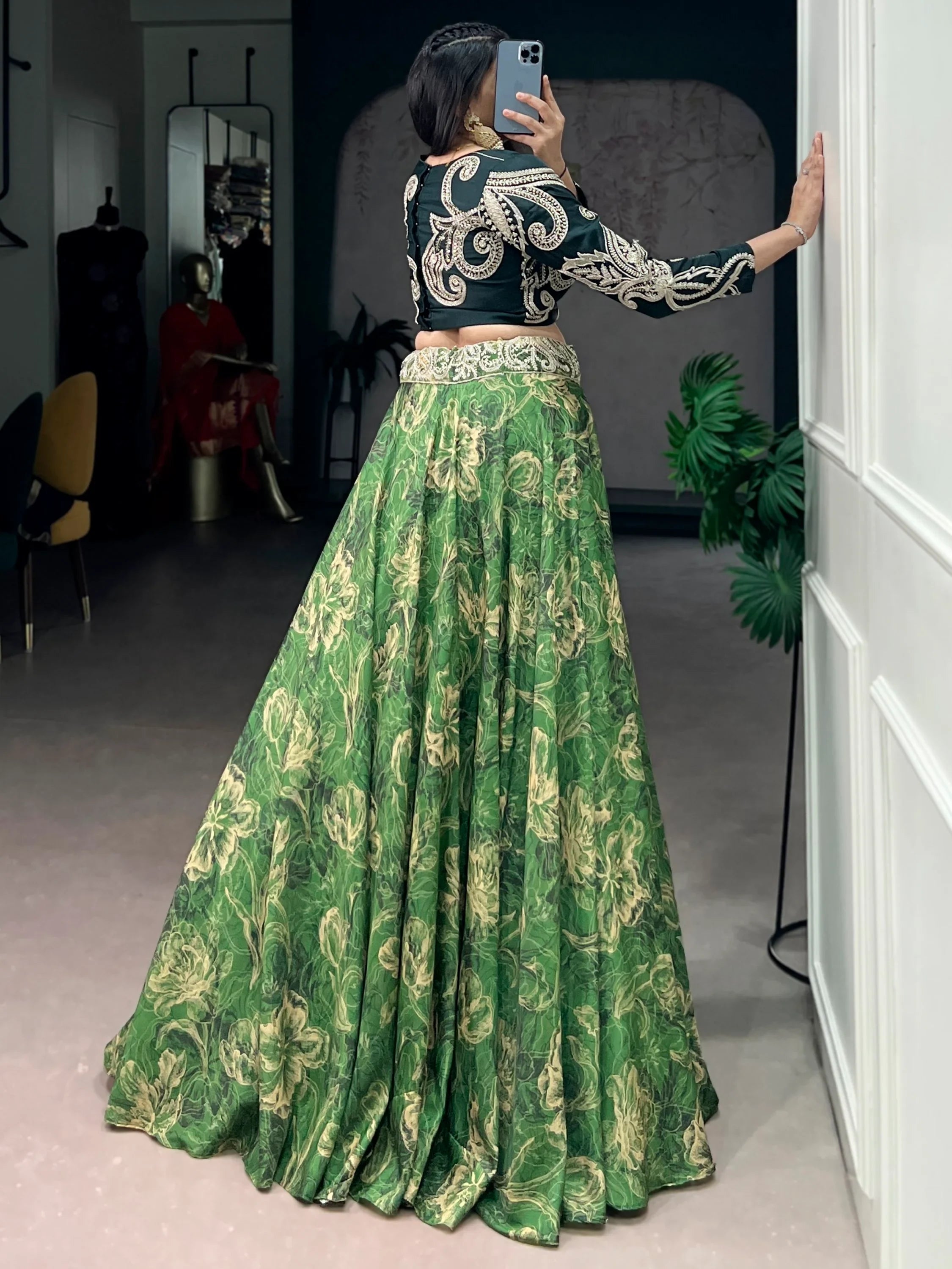 Green Stunning Digital Printed Silk Wedding Wear Crop Top Lehenga