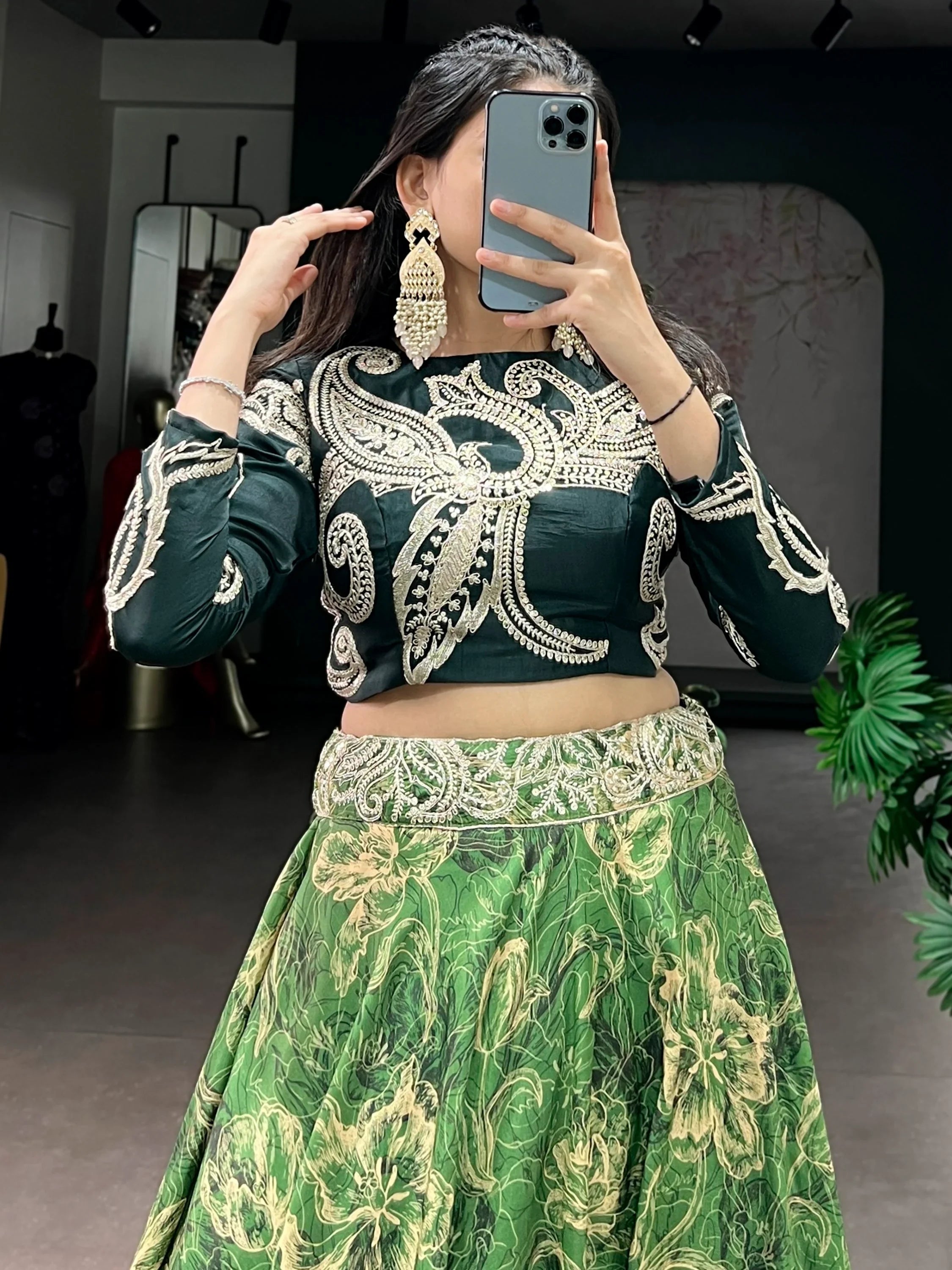 Green Stunning Digital Printed Silk Wedding Wear Crop Top Lehenga