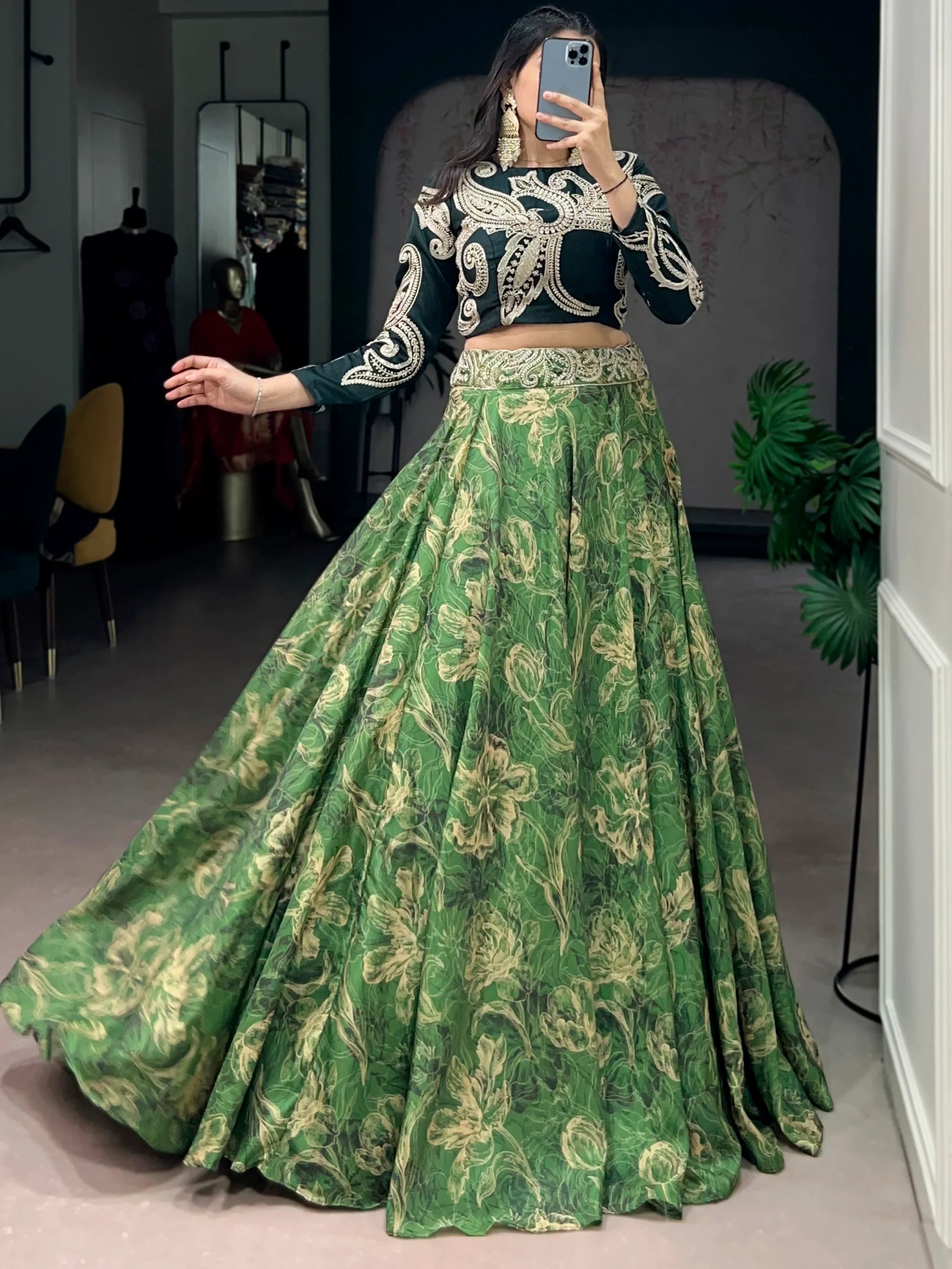 Green Stunning Digital Printed Silk Wedding Wear Crop Top Lehenga