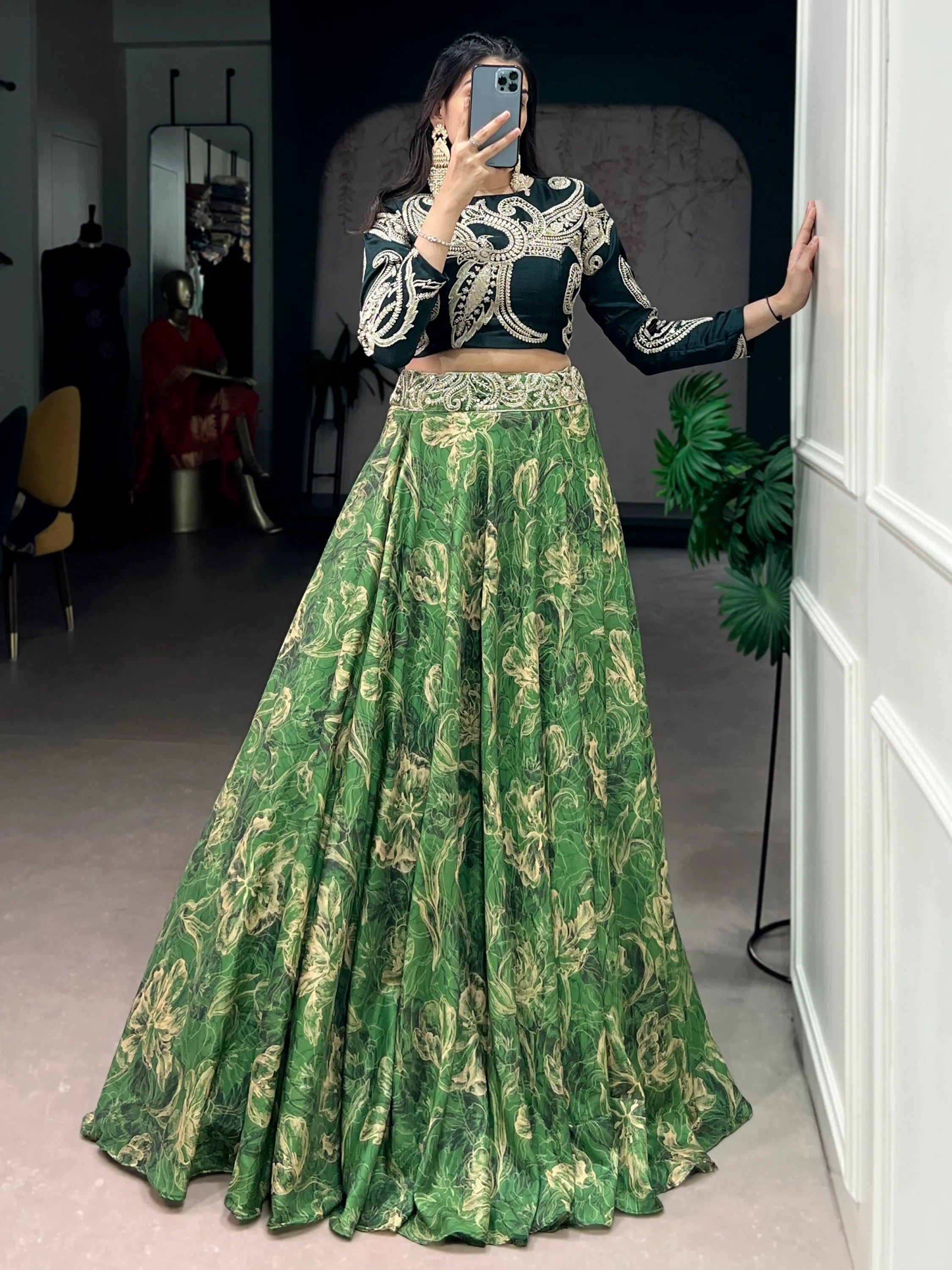 Green Stunning Digital Printed Silk Wedding Wear Crop Top Lehenga