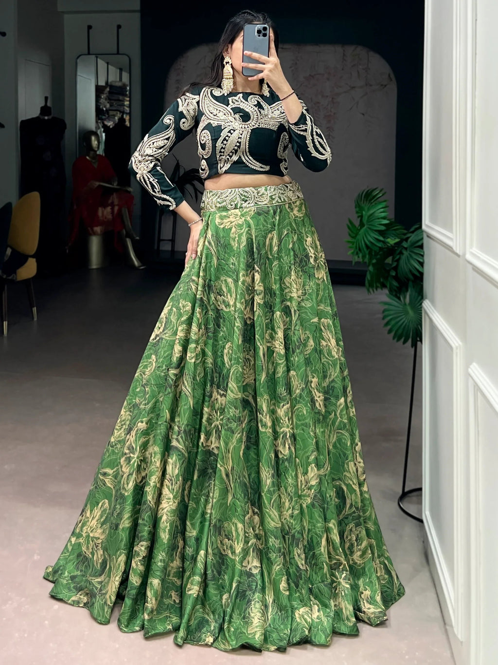 Green Stunning Digital Printed Silk Wedding Wear Crop Top Lehenga