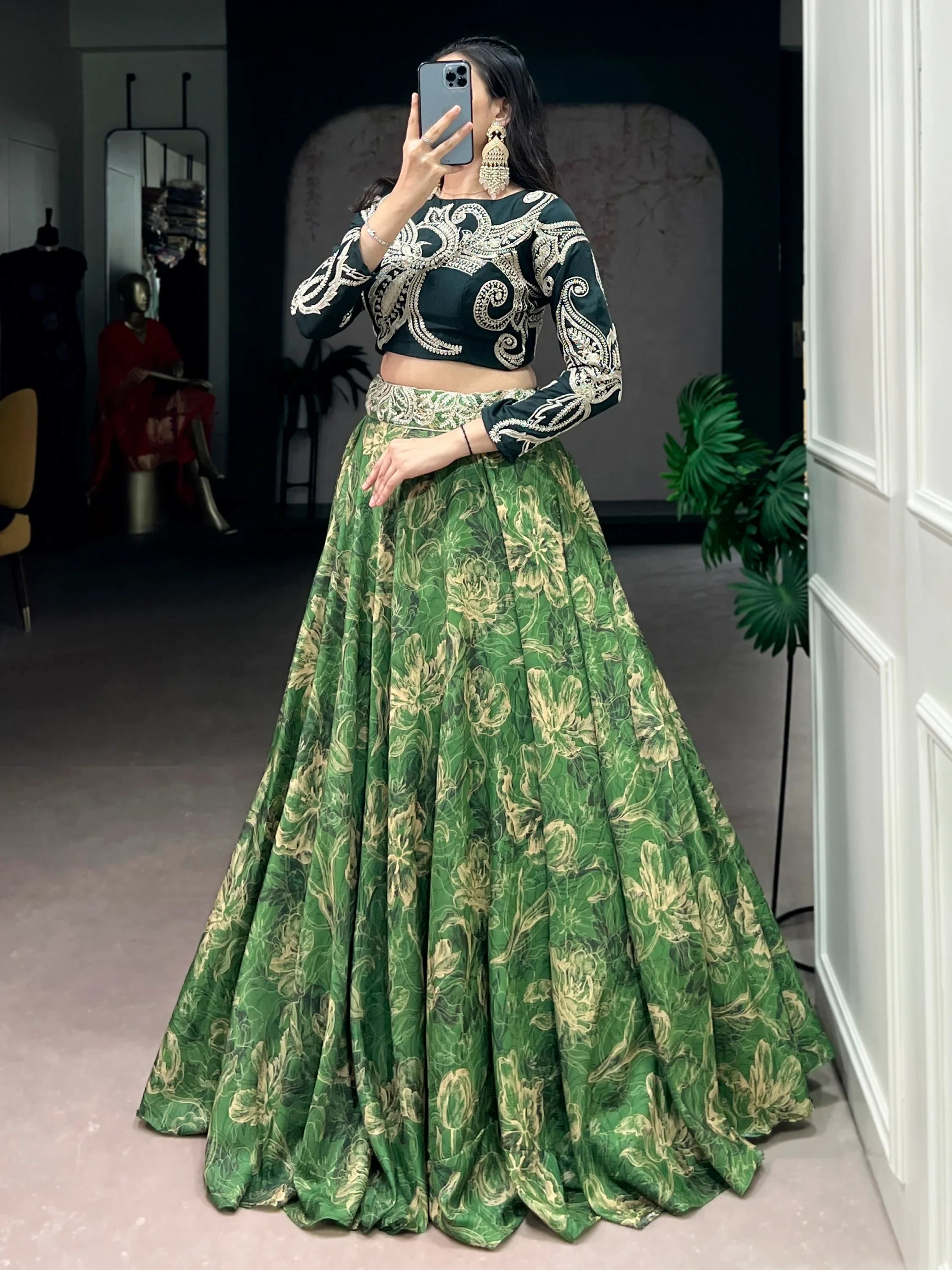 Green Stunning Digital Printed Silk Wedding Wear Crop Top Lehenga
