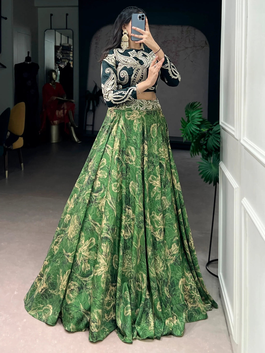 Green Stunning Digital Printed Silk Wedding Wear Crop Top Lehenga