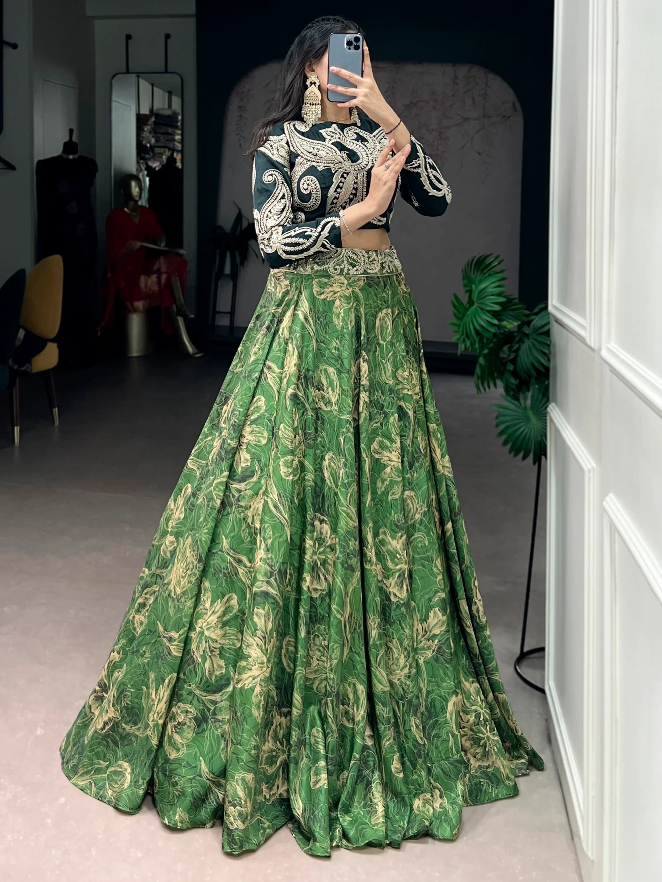 Green Stunning Digital Printed Silk Wedding Wear Crop Top Lehenga