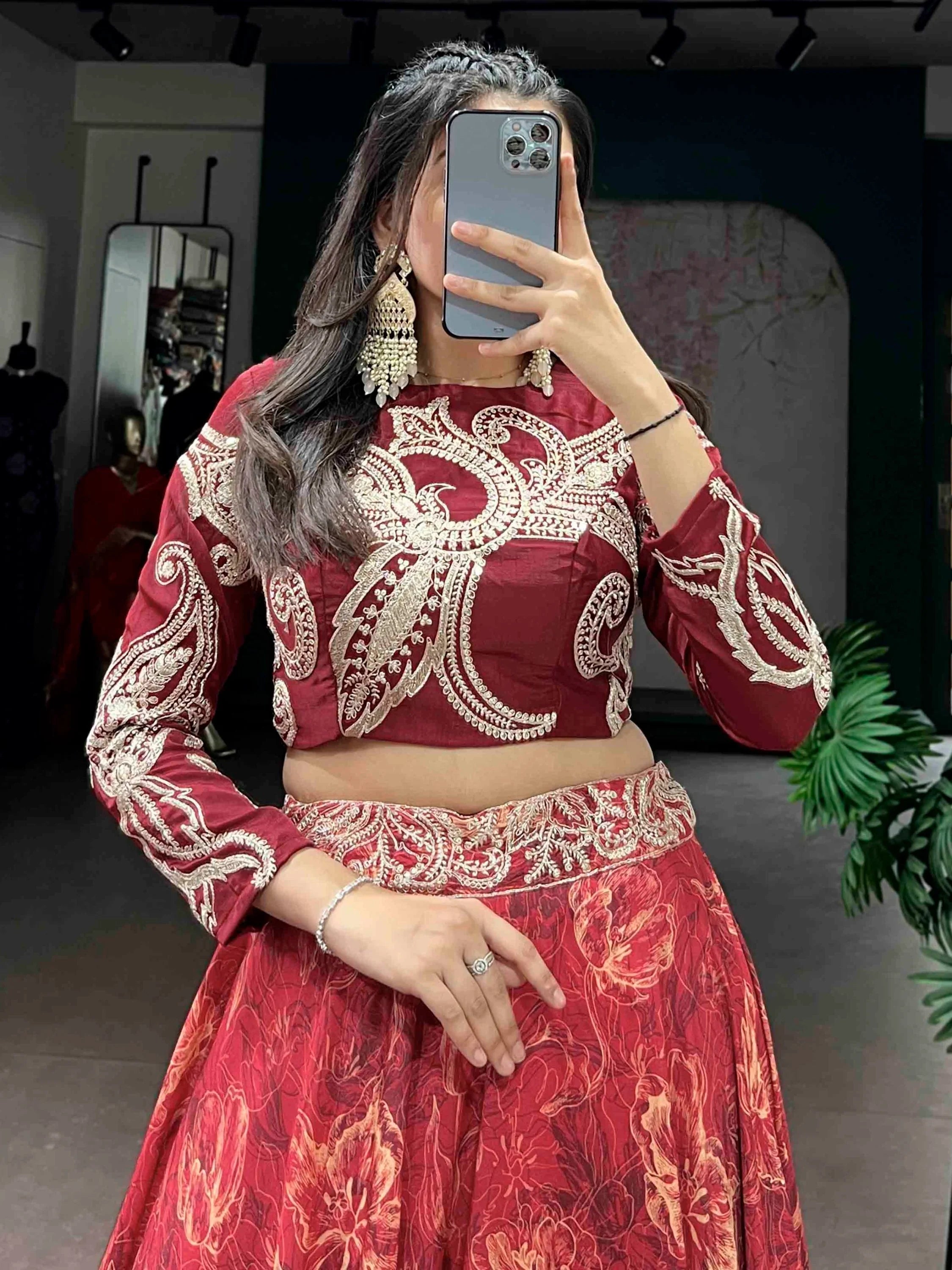 Red Stunning Digital Printed Silk Wedding Wear Crop Top Lehenga