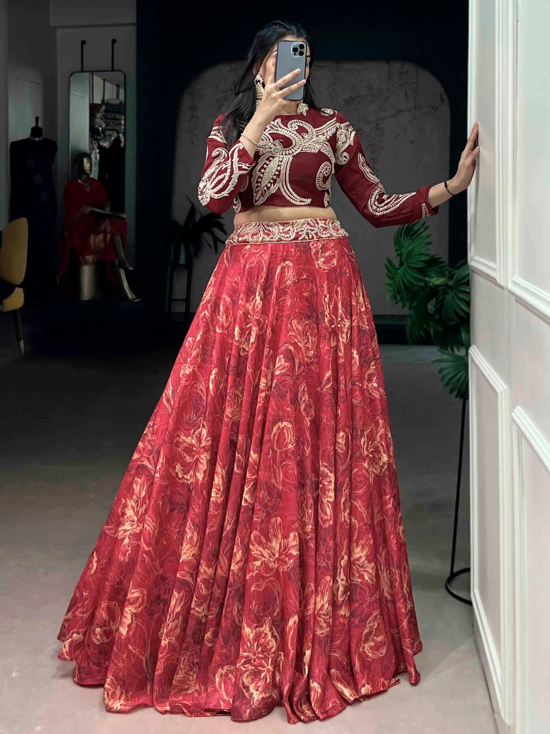 Red Stunning Digital Printed Silk Wedding Wear Crop Top Lehenga