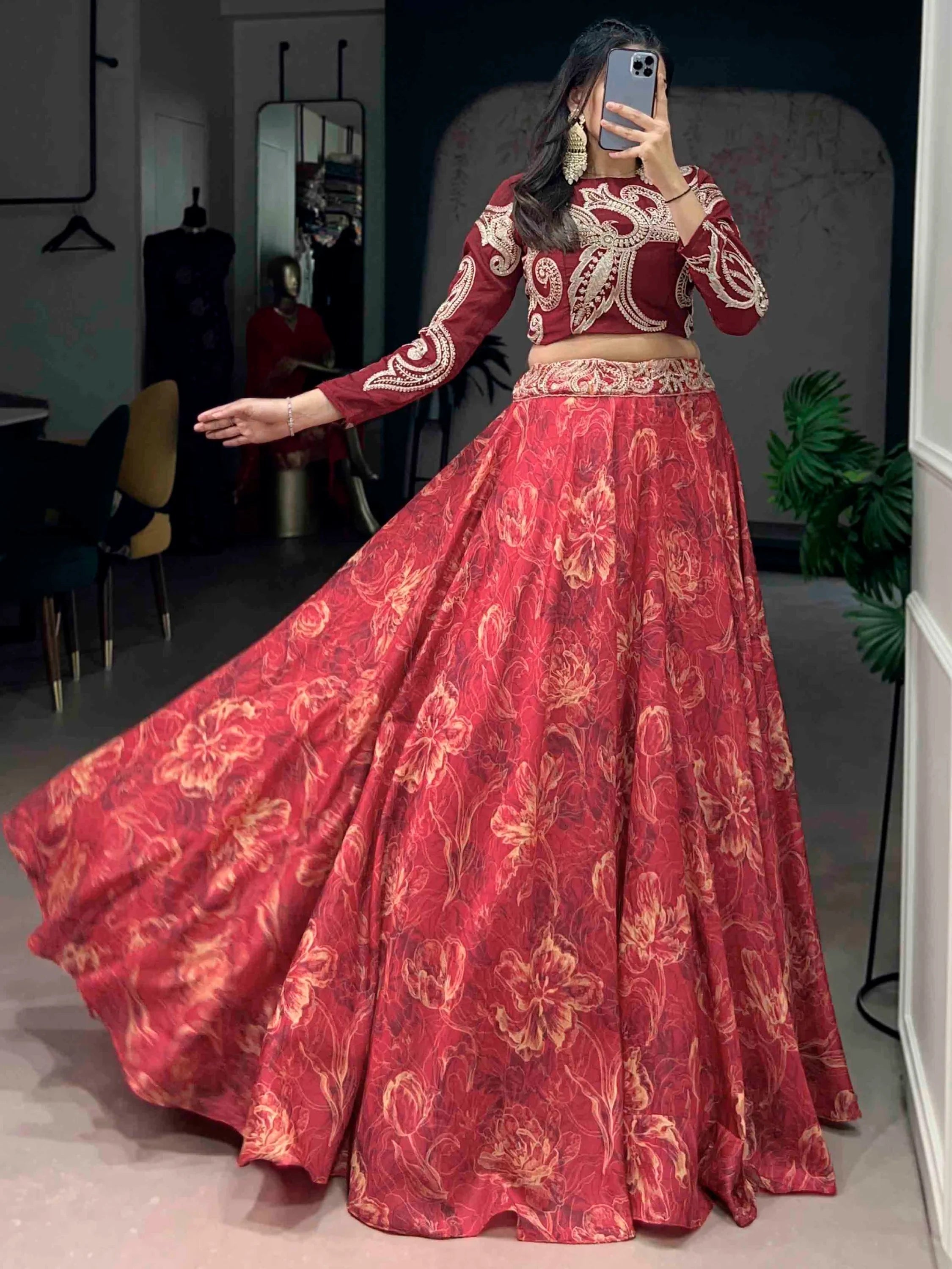Red Stunning Digital Printed Silk Wedding Wear Crop Top Lehenga