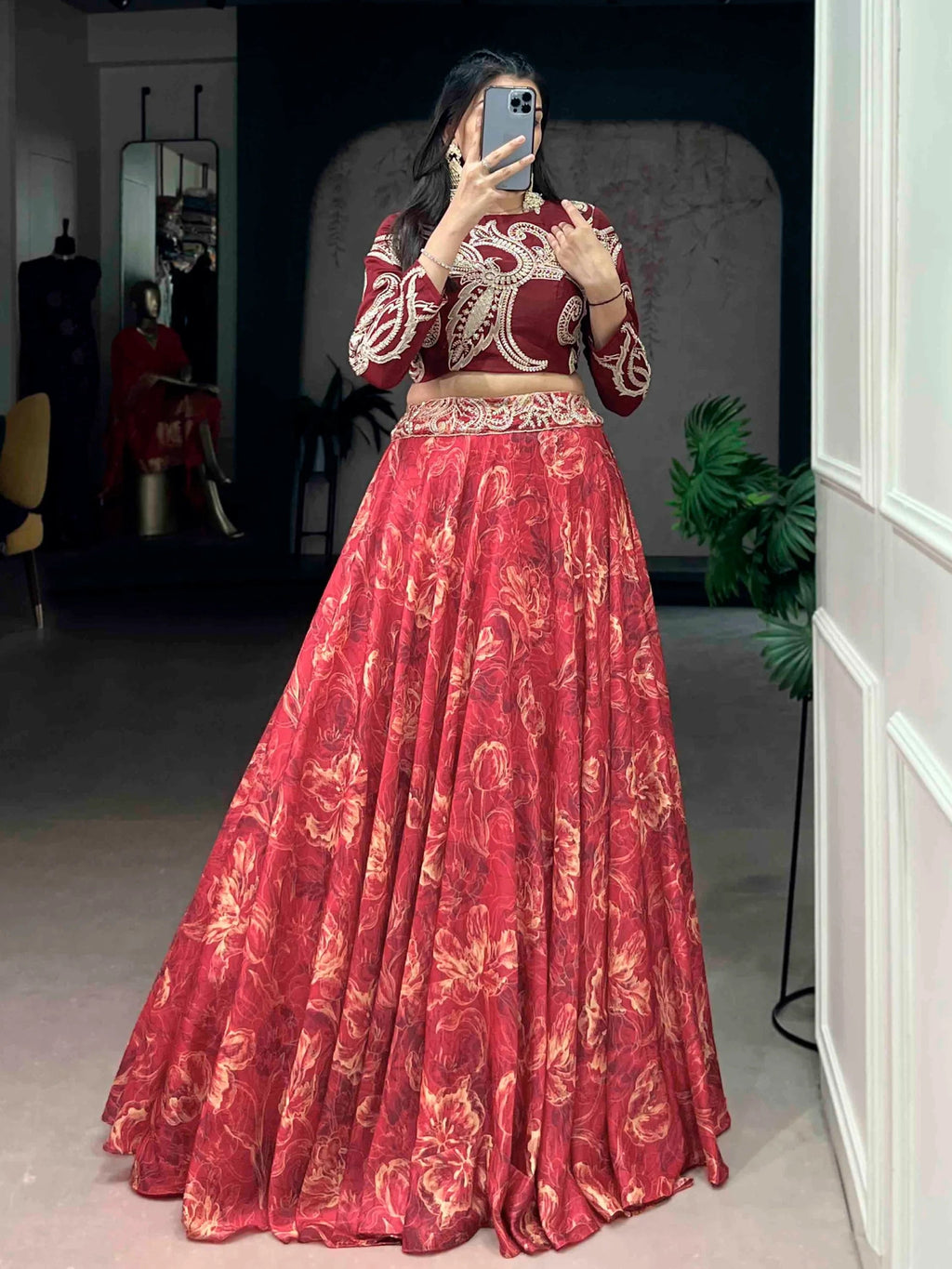 Red Stunning Digital Printed Silk Wedding Wear Crop Top Lehenga