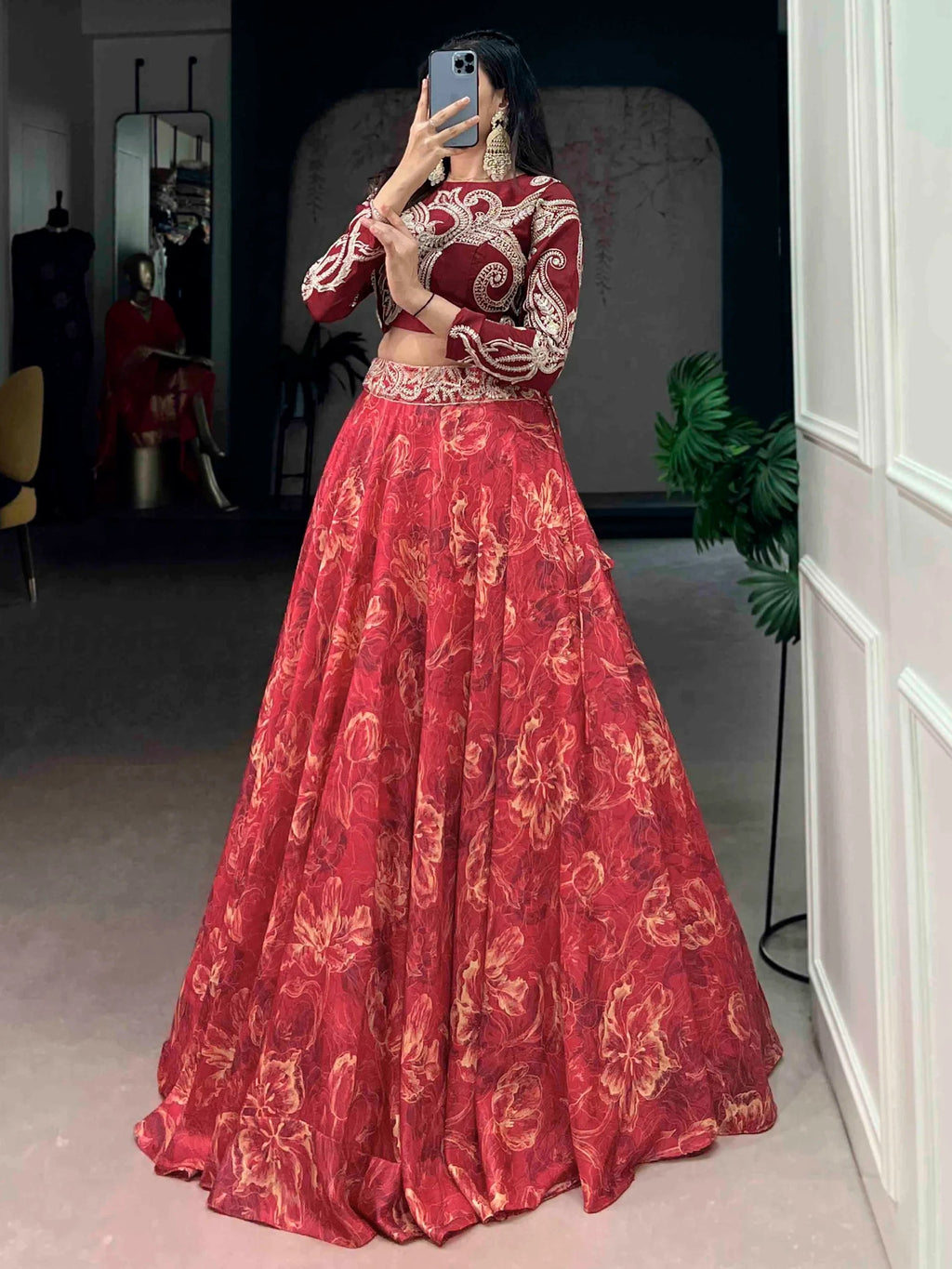 Red Stunning Digital Printed Silk Wedding Wear Crop Top Lehenga