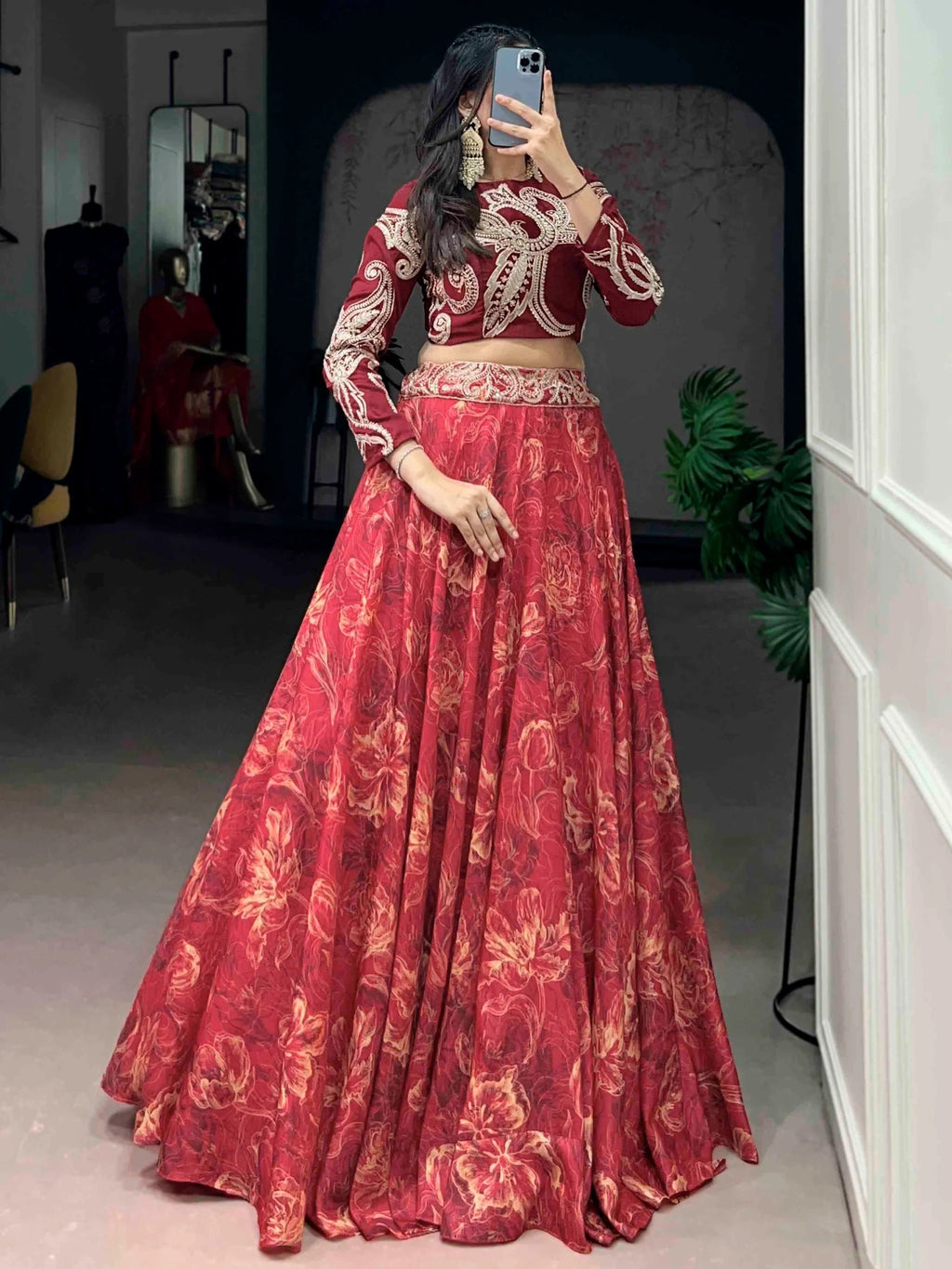 Red Stunning Digital Printed Silk Wedding Wear Crop Top Lehenga