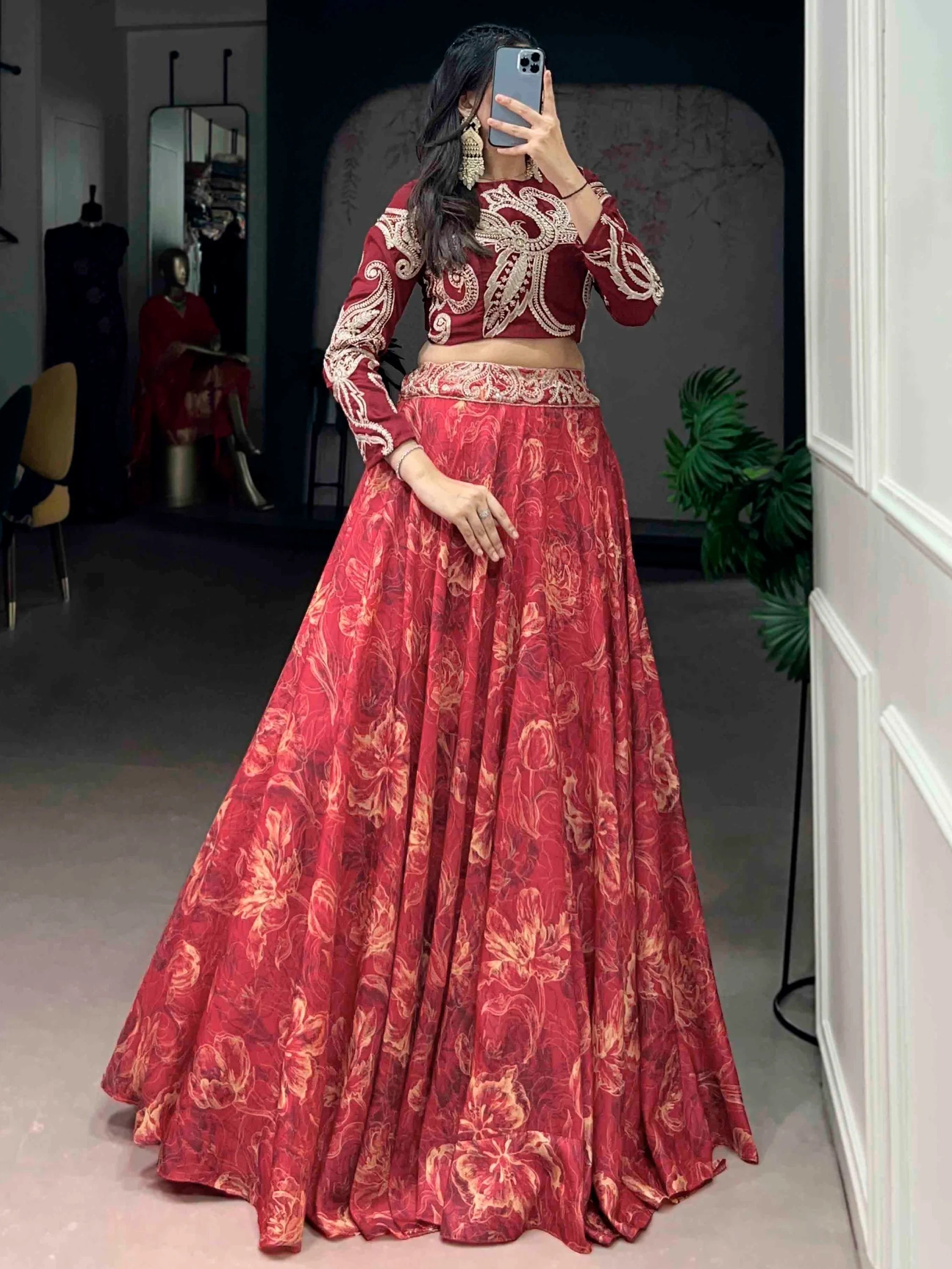 Red Stunning Digital Printed Silk Wedding Wear Crop Top Lehenga