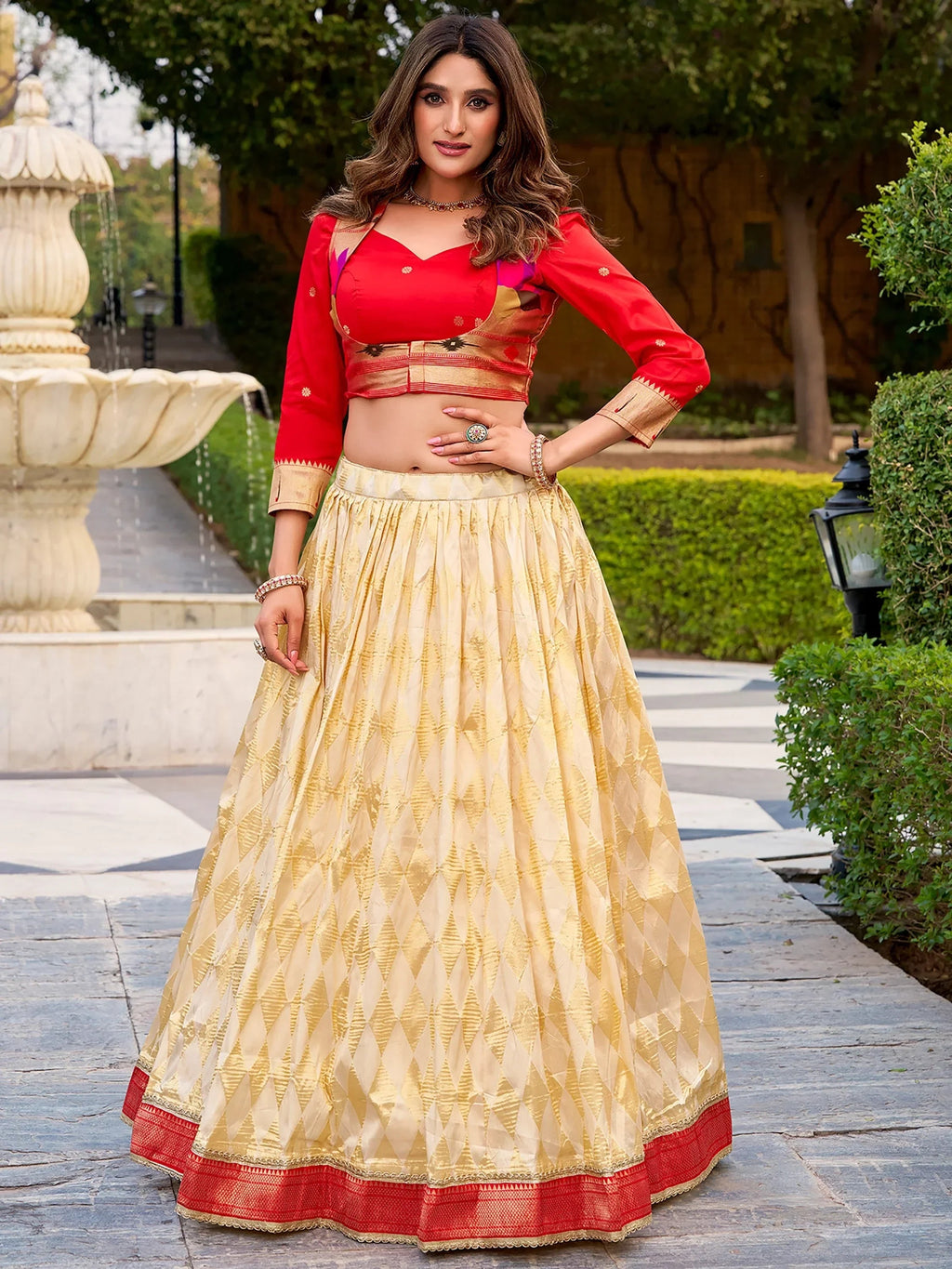 Majestic Cream Zari Weaving Silk Festival Wear Lehenga Choli With Koti