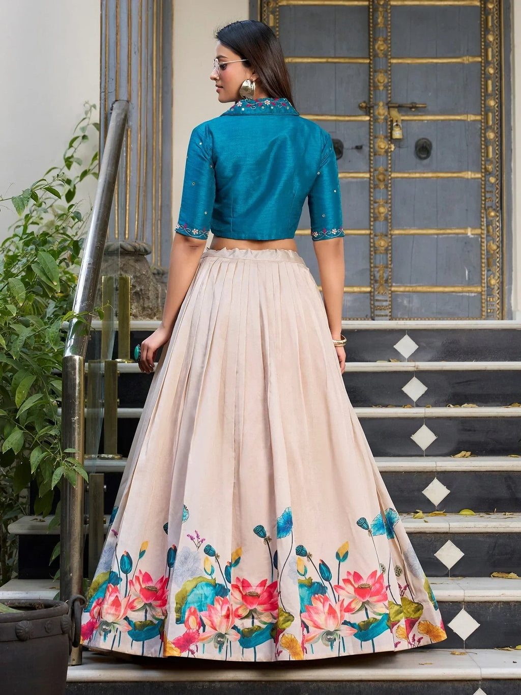 Incredible Cream Floral Printed Silk Festival Wear Crop Top Lehenga
