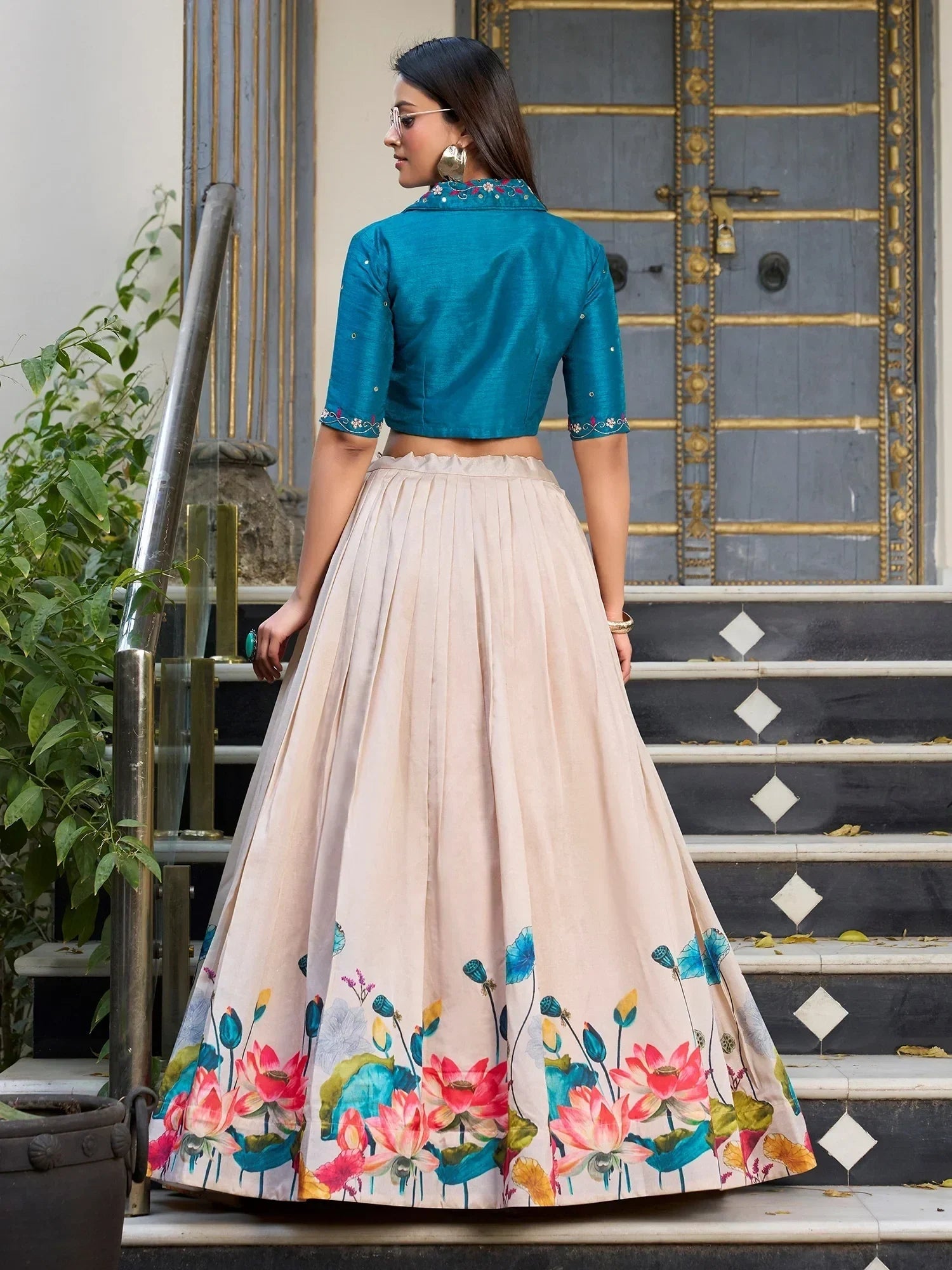 Incredible Cream Floral Printed Silk Festival Wear Crop Top Lehenga
