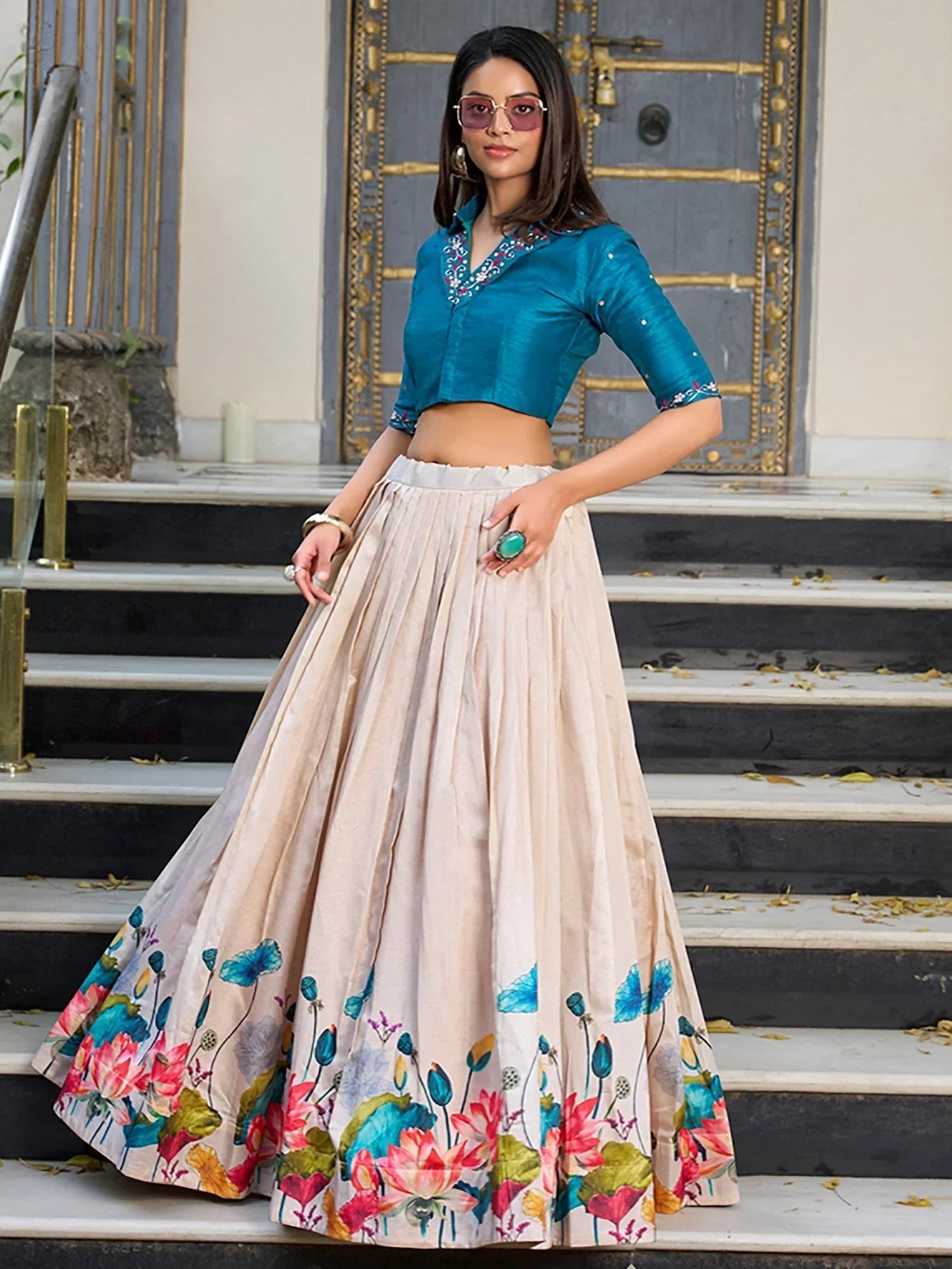 Incredible Cream Floral Printed Silk Festival Wear Crop Top Lehenga