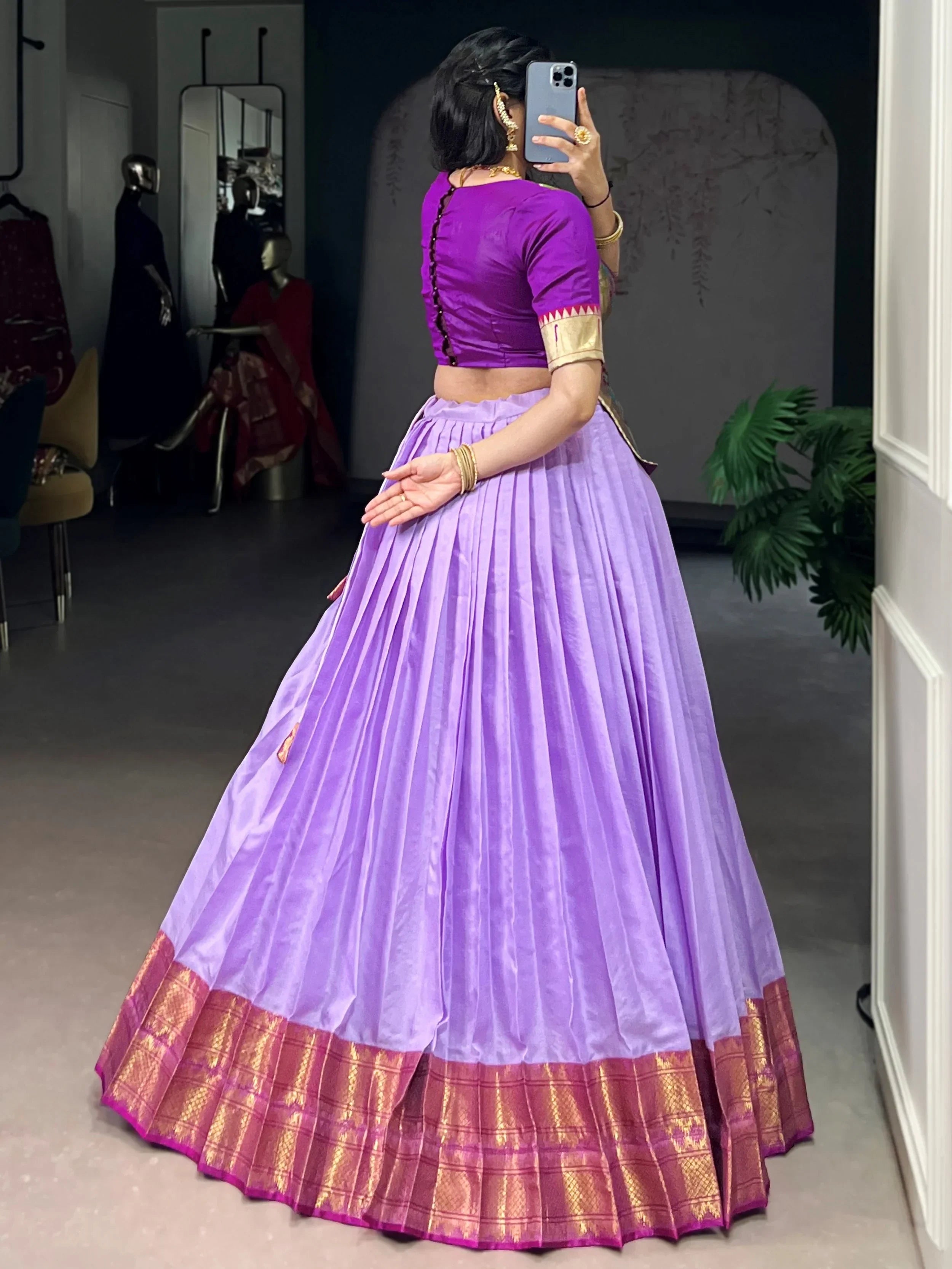 Lavender Enchanting Zari Weaving Silk Festive Wear Crop Top Lehenga