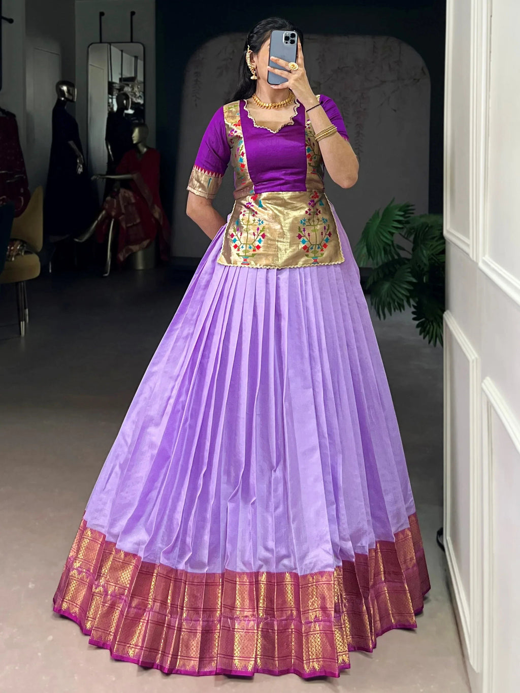 Lavender Enchanting Zari Weaving Silk Festive Wear Crop Top Lehenga