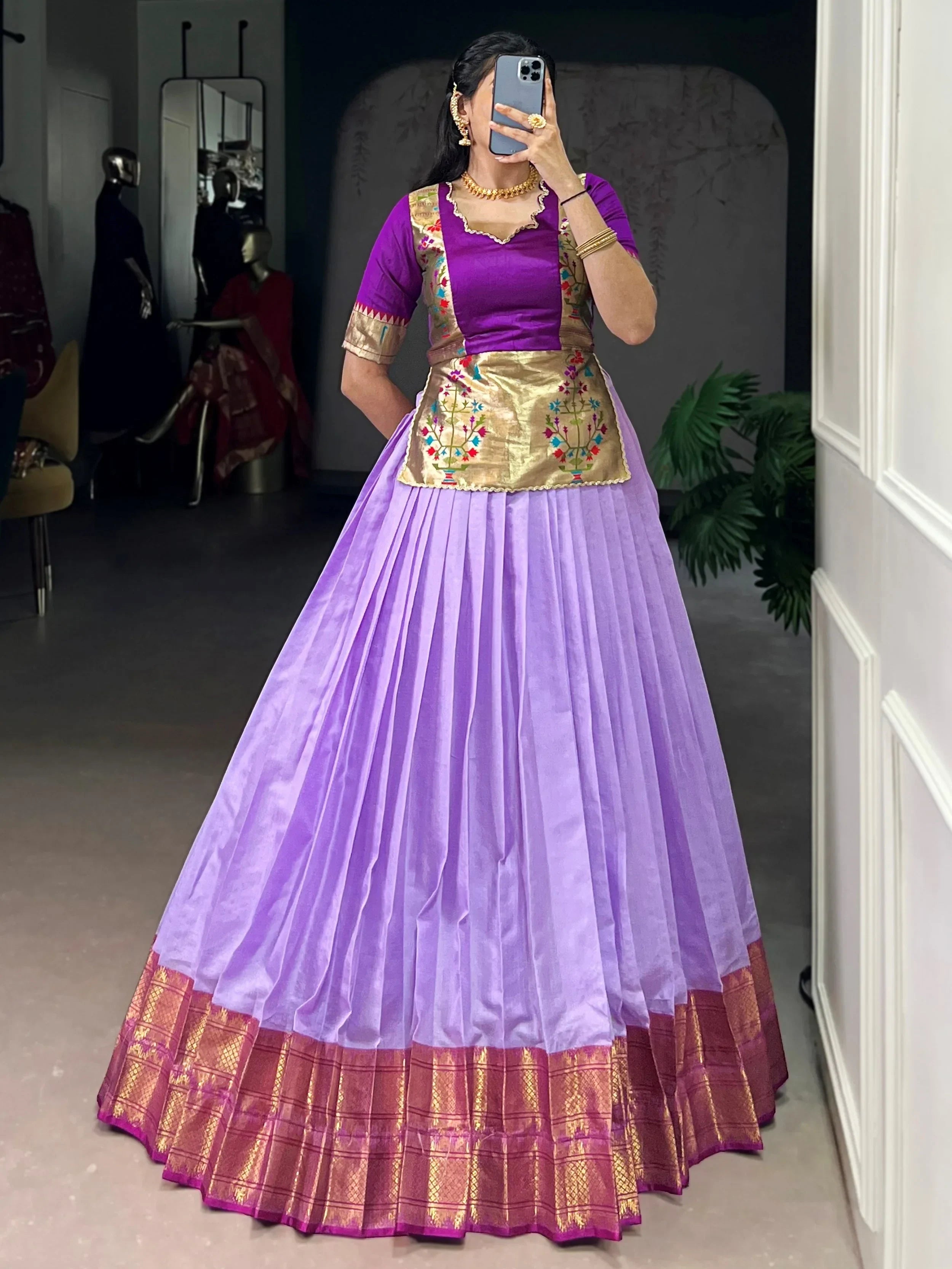 Lavender Enchanting Zari Weaving Silk Festive Wear Crop Top Lehenga