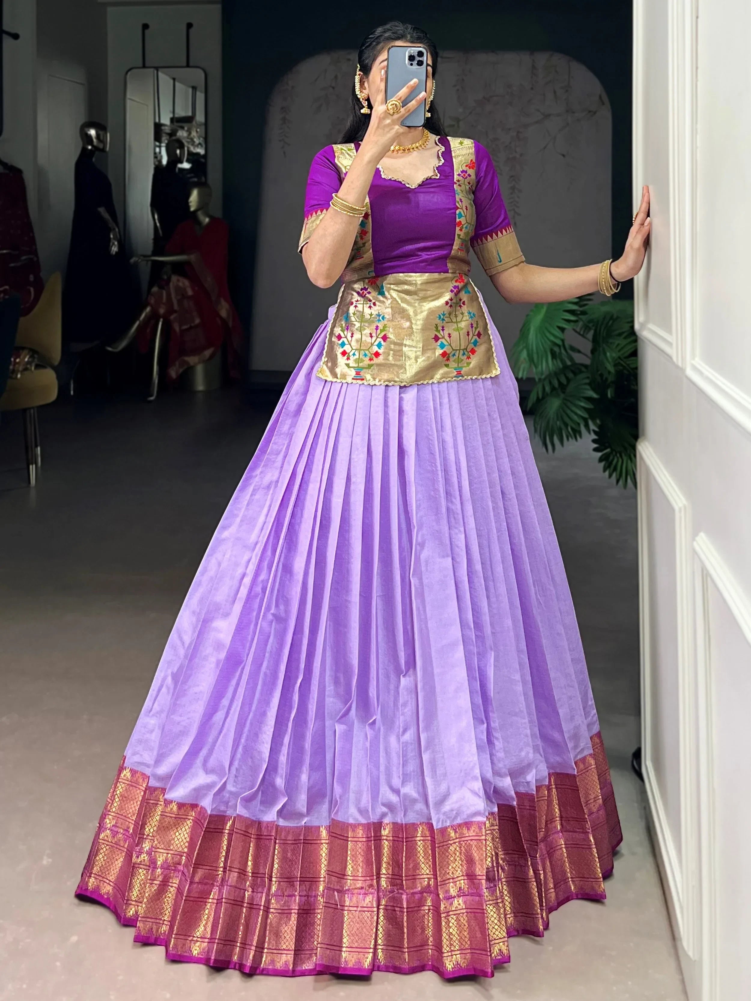 Lavender Enchanting Zari Weaving Silk Festive Wear Crop Top Lehenga