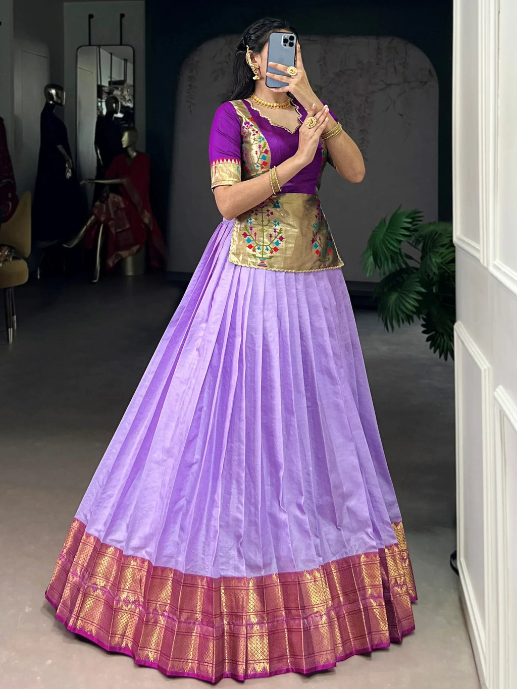 Lavender Enchanting Zari Weaving Silk Festive Wear Crop Top Lehenga