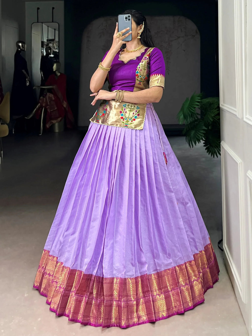Lavender Enchanting Zari Weaving Silk Festive Wear Crop Top Lehenga
