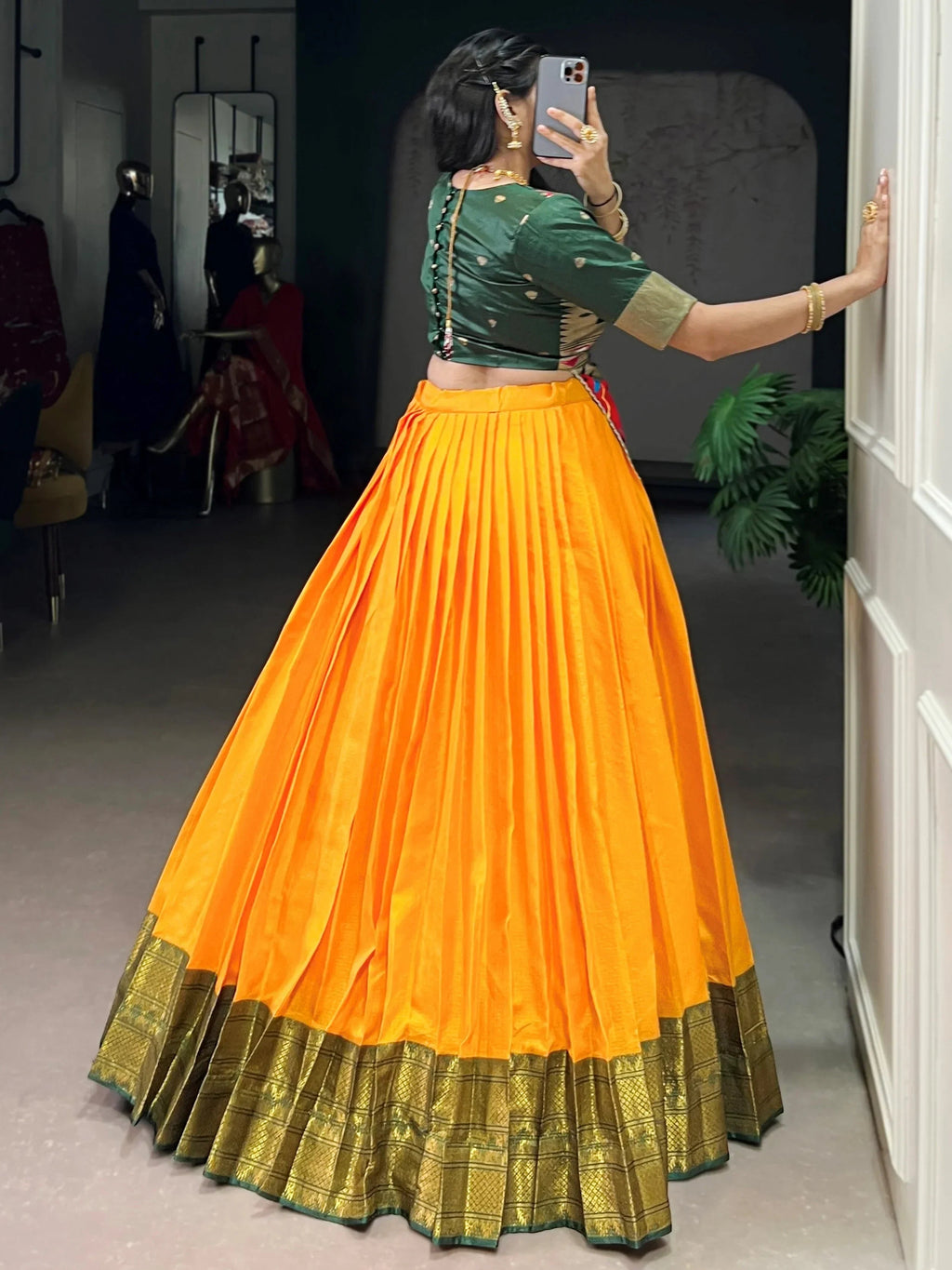 Yellow Enchanting Zari Weaving Silk Festive Wear Crop Top Lehenga