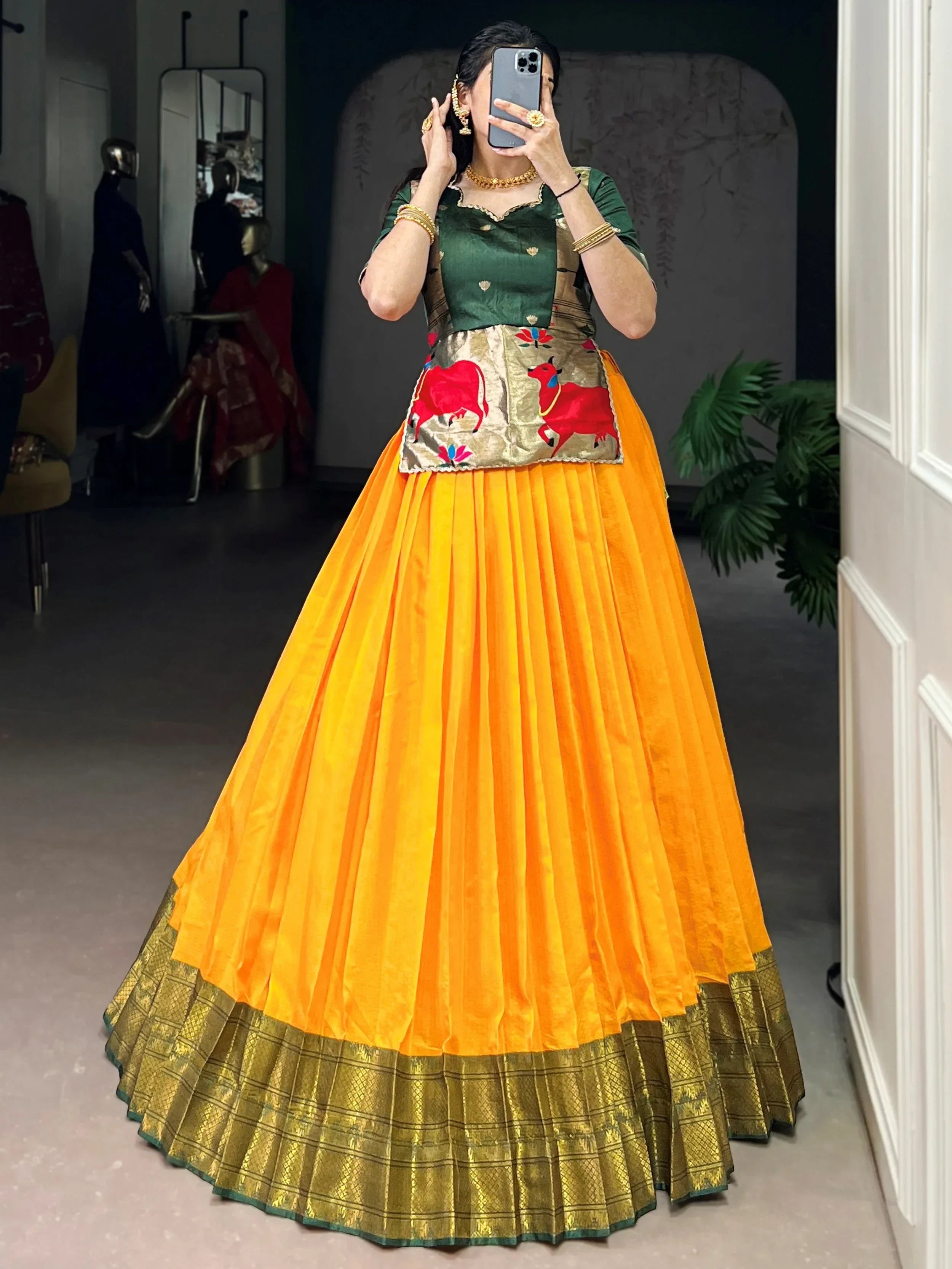 Yellow Enchanting Zari Weaving Silk Festive Wear Crop Top Lehenga