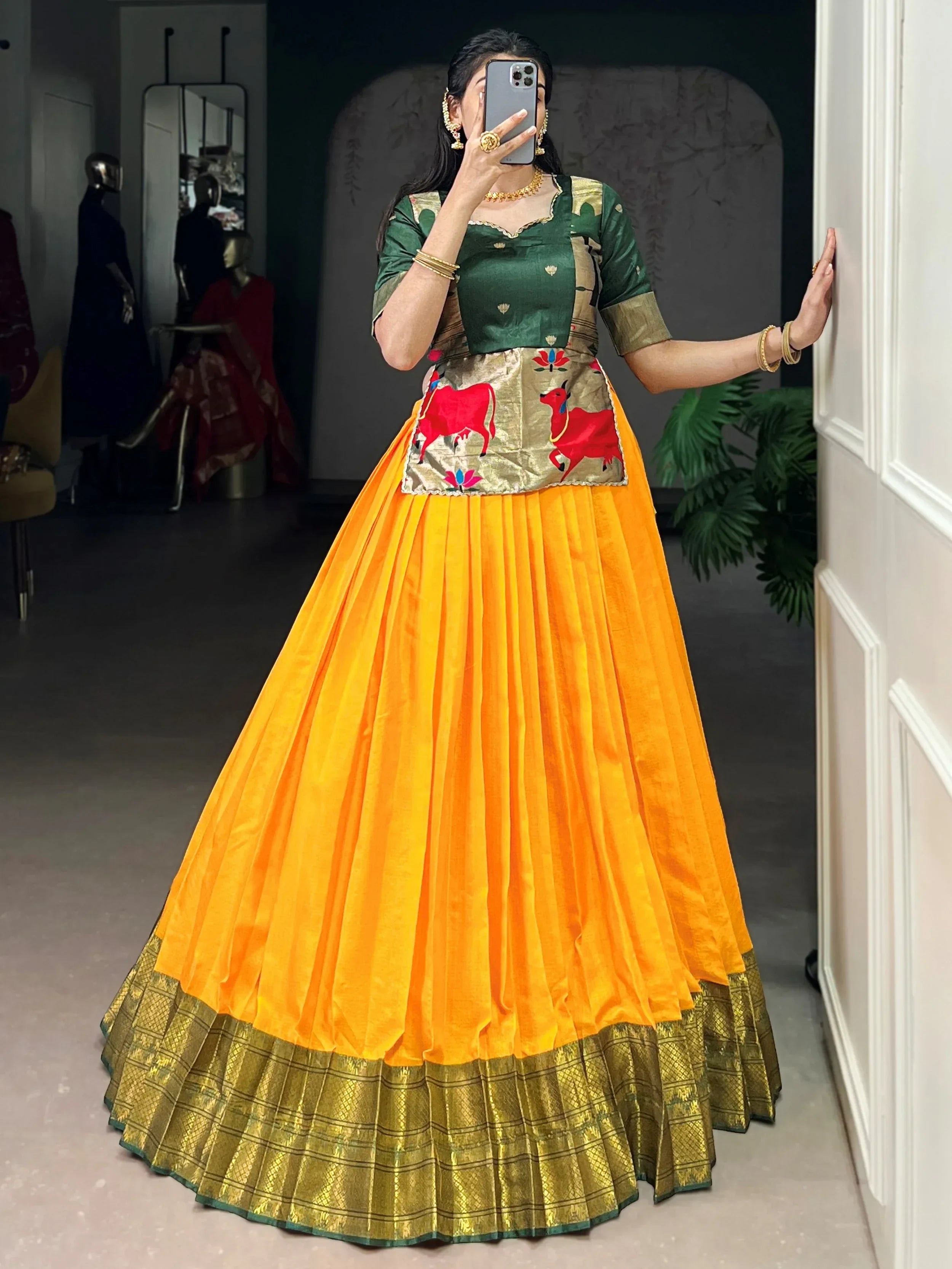 Yellow Enchanting Zari Weaving Silk Festive Wear Crop Top Lehenga