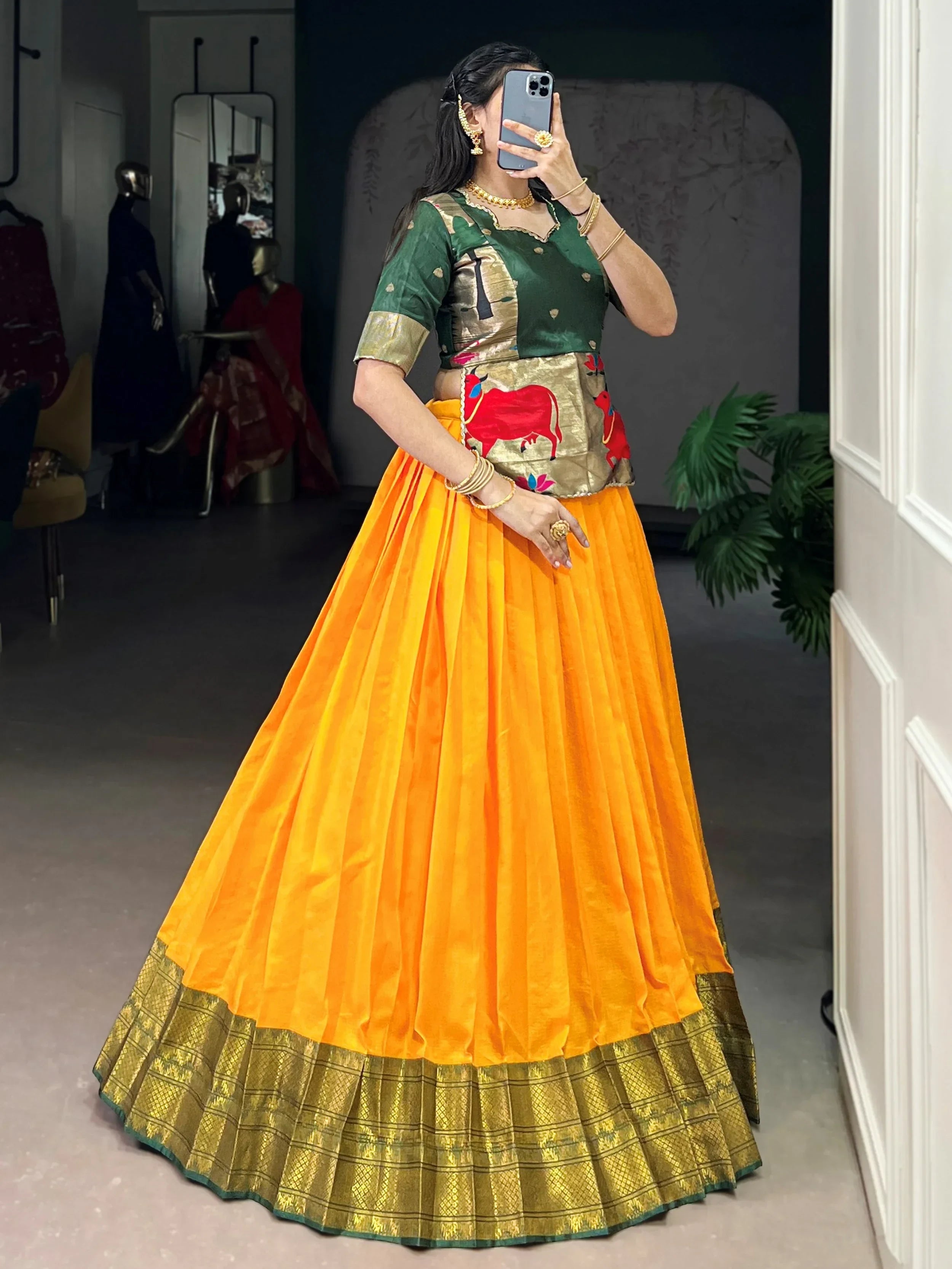 Yellow Enchanting Zari Weaving Silk Festive Wear Crop Top Lehenga