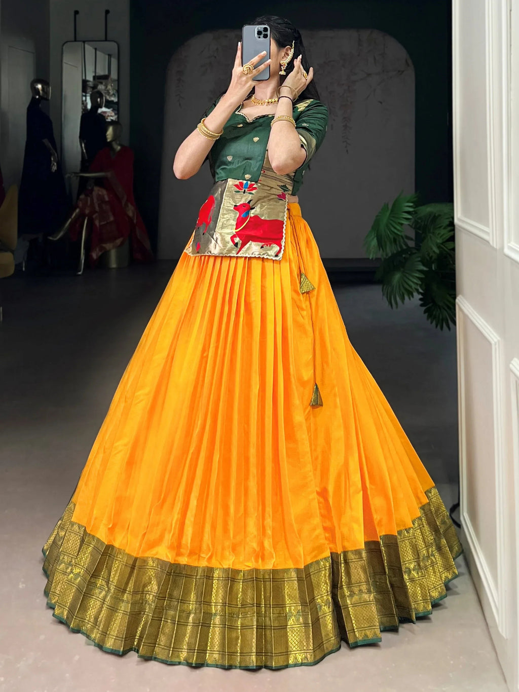 Yellow Enchanting Zari Weaving Silk Festive Wear Crop Top Lehenga