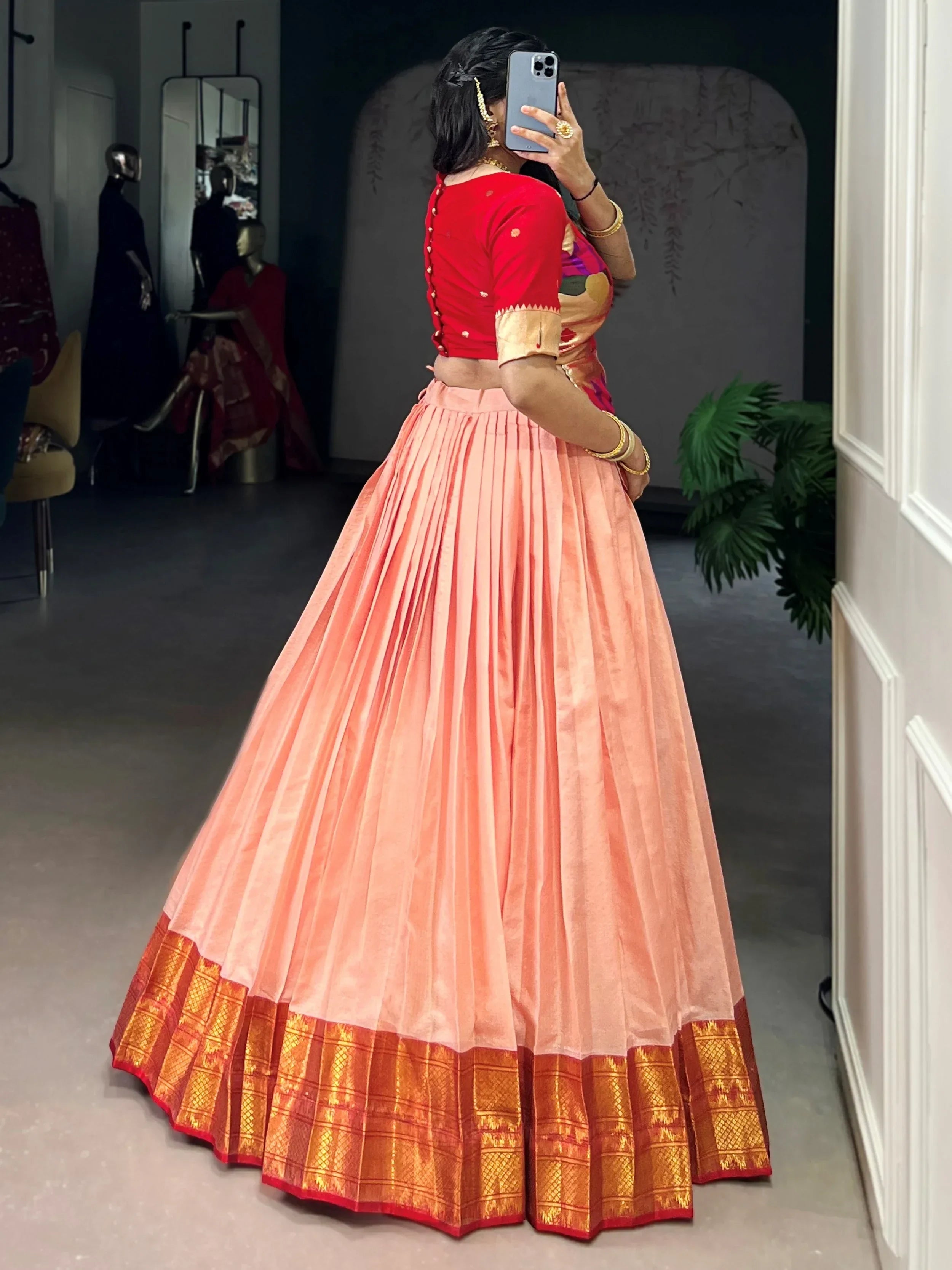 Peach Enchanting Zari Weaving Silk Festive Wear Crop Top Lehenga