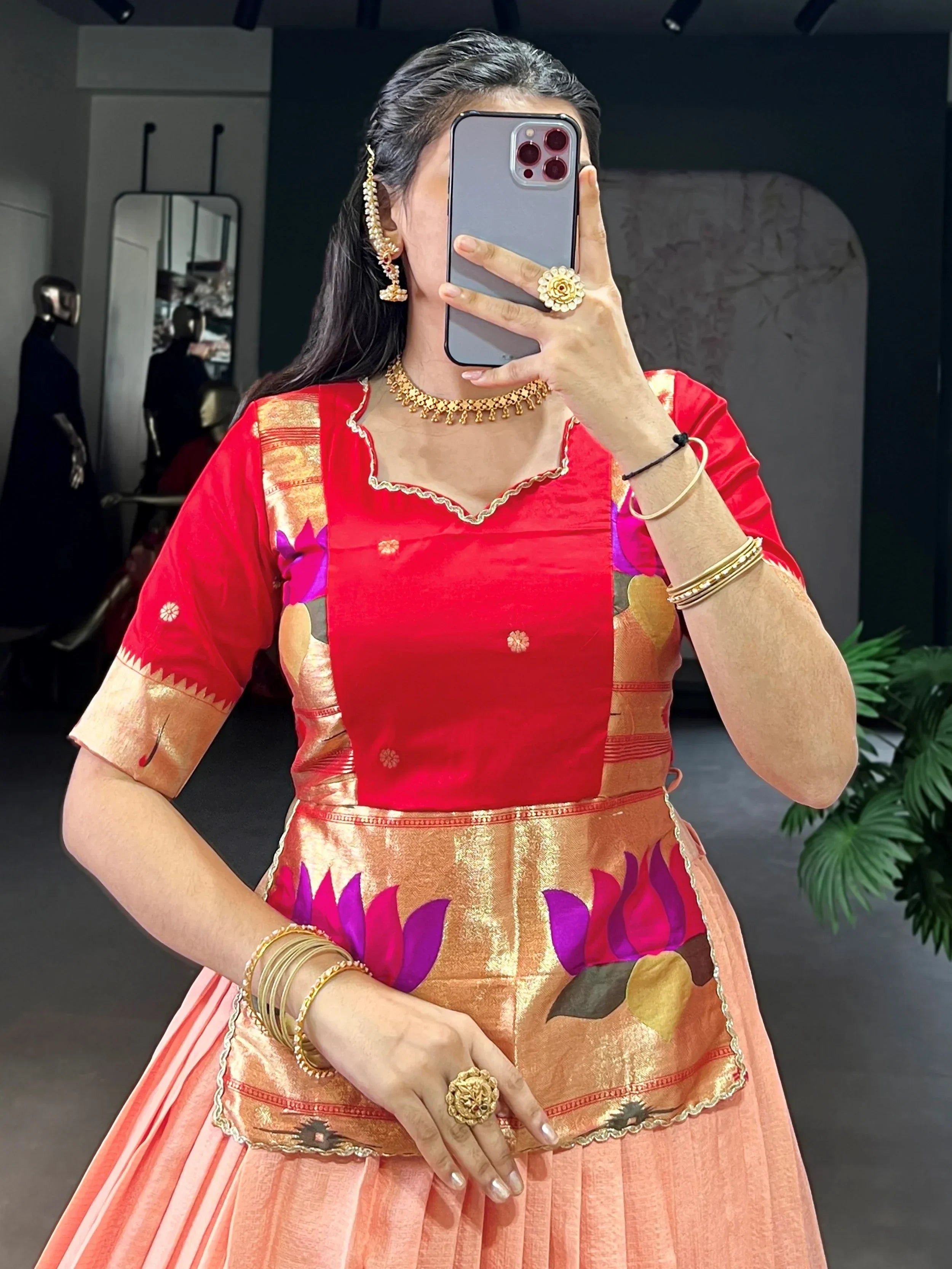 Peach Enchanting Zari Weaving Silk Festive Wear Crop Top Lehenga