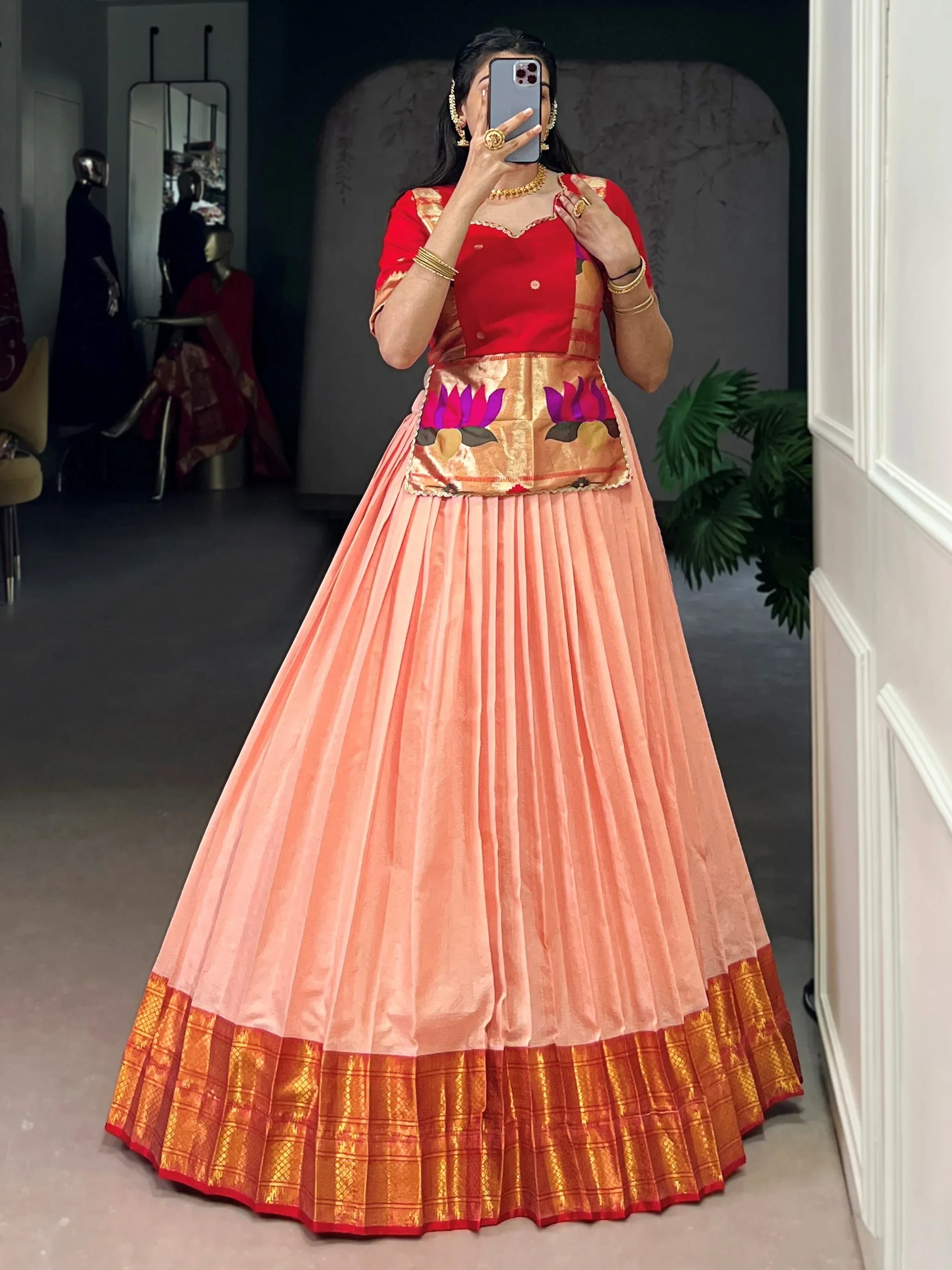 Peach Enchanting Zari Weaving Silk Festive Wear Crop Top Lehenga