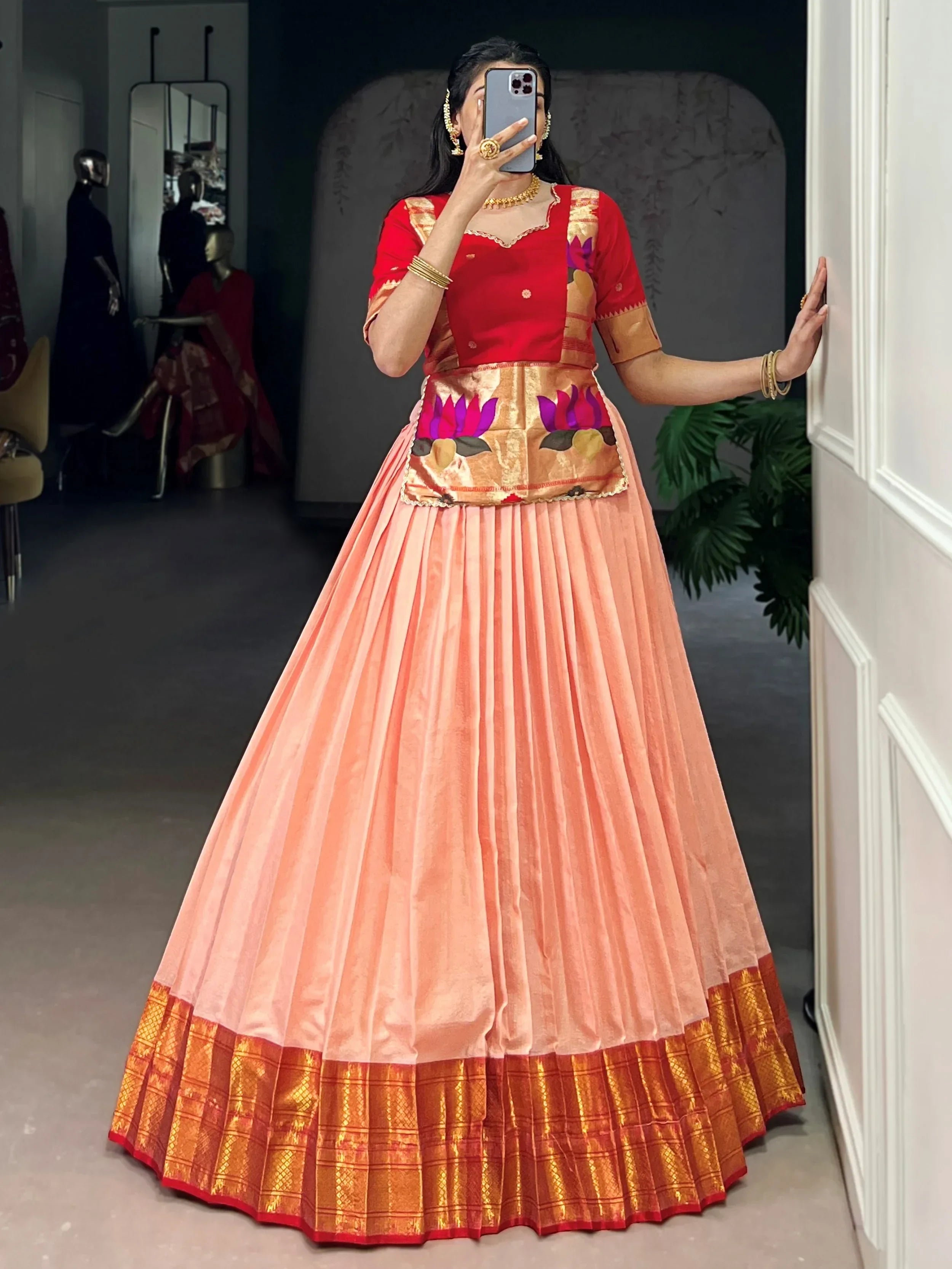 Peach Enchanting Zari Weaving Silk Festive Wear Crop Top Lehenga
