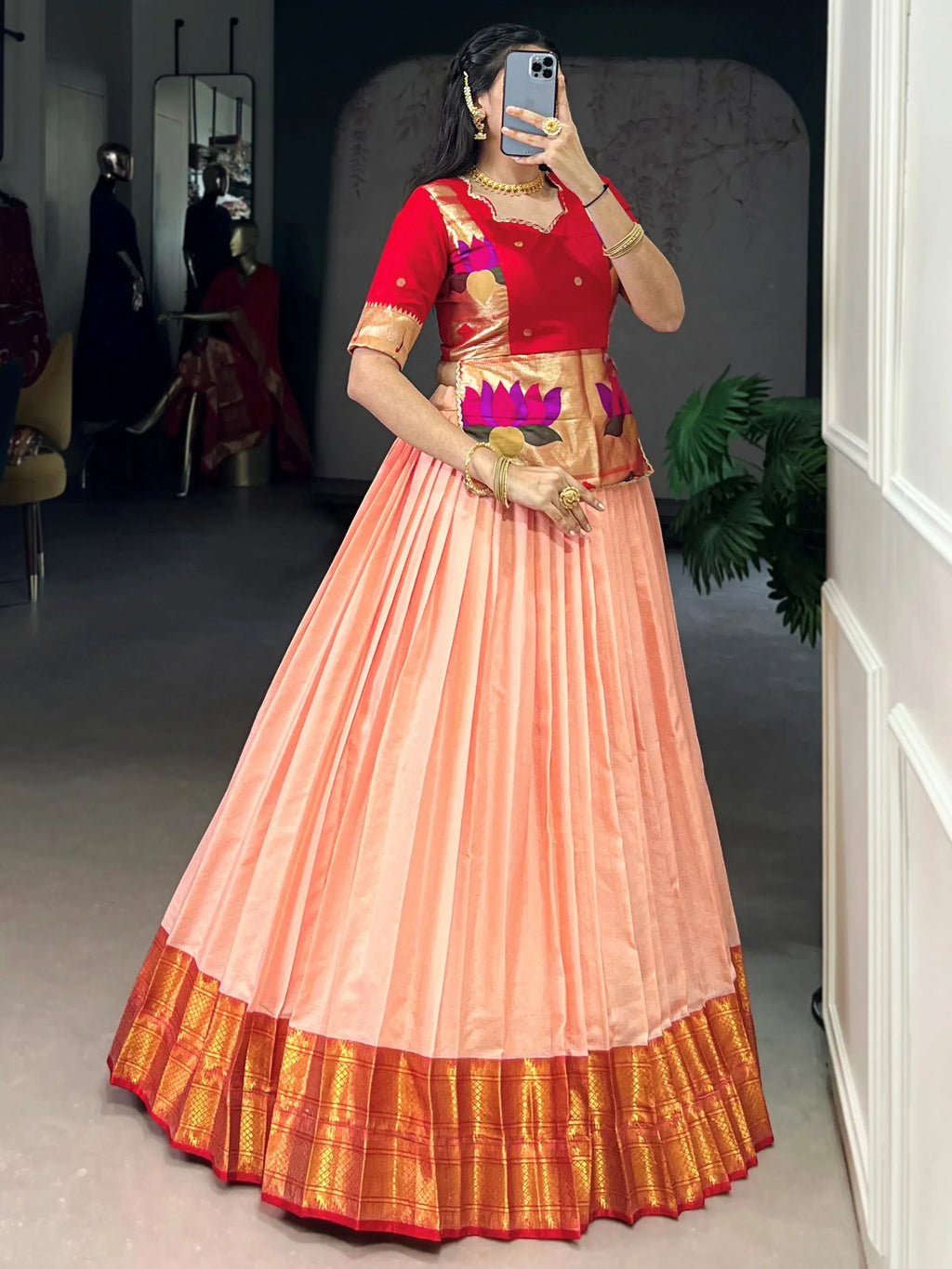 Peach Enchanting Zari Weaving Silk Festive Wear Crop Top Lehenga